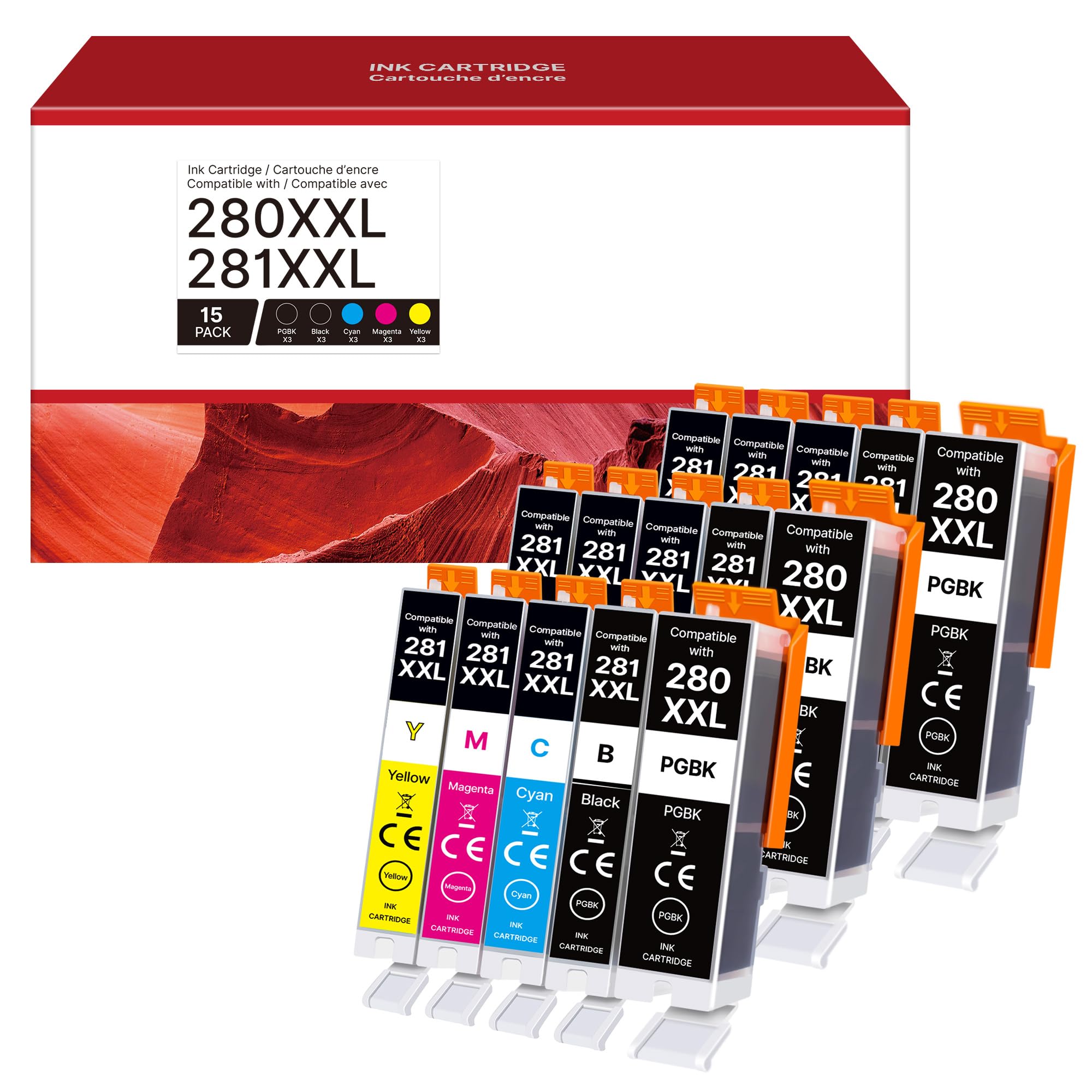 15 Pack 280XXL 281XXL Ink Cartridges Replacement for Canon 281 Ink Cartridges 280 281 XXL to use with Canon TR8620a Ink Cartridges TR8520 TR8620 TR8600 TR8622a TR7520 TS702a TS6120 TS9520 TS9120