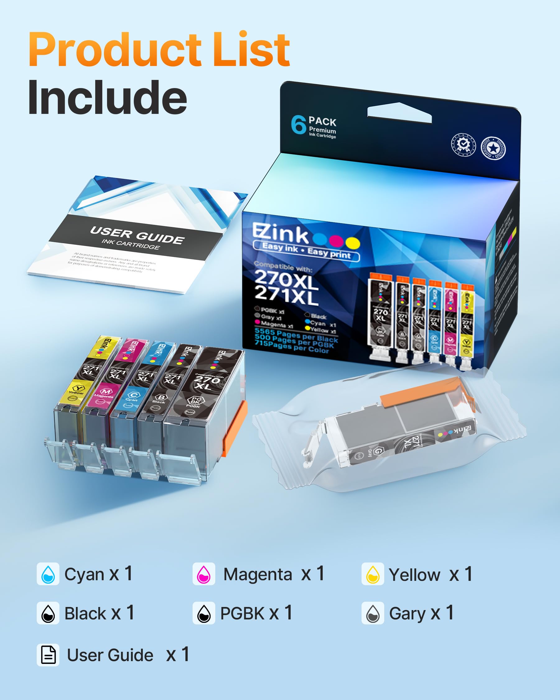 270 271 XL Ink Cartridges Compatible for Canon PGI-270XL CLI-271XL Combo Pack to use with Pixma MG7720 TS9020 TS8020 TS5020 TS6020 MG5720 MG5721 MG5722 MG6820 MG6821 MG6822 6 Color (PGBK,BK,C,M,Y,GY) - Image 6
