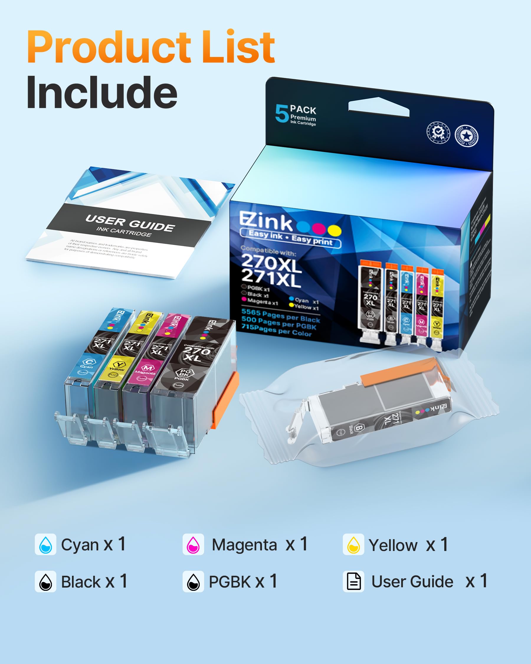 270XL 271XL Printer Ink Compatible for Canon PGI-270XL CLI-271XL Ink Cartridges to use with MG5720 MG6820 TS5020 TS6020 MG7720 TS9020 TS8020 MG5721 MG5722 MG6821 MG6822, 5 Color (PGBK, BK, C, M, Y) - Image 6