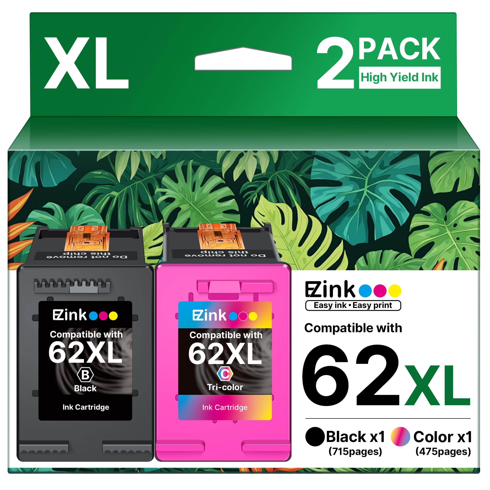 62XL Ink Cartridge High-Yield Remanufactured for HP Ink 62 XL 62XL Ink Cartridge Combo Pack to Use with Envy 5540 5640 5660 7644 OfficeJet 5740 5741 8040 200 250 Series Printer (1 Tri-Color, 1 Black)