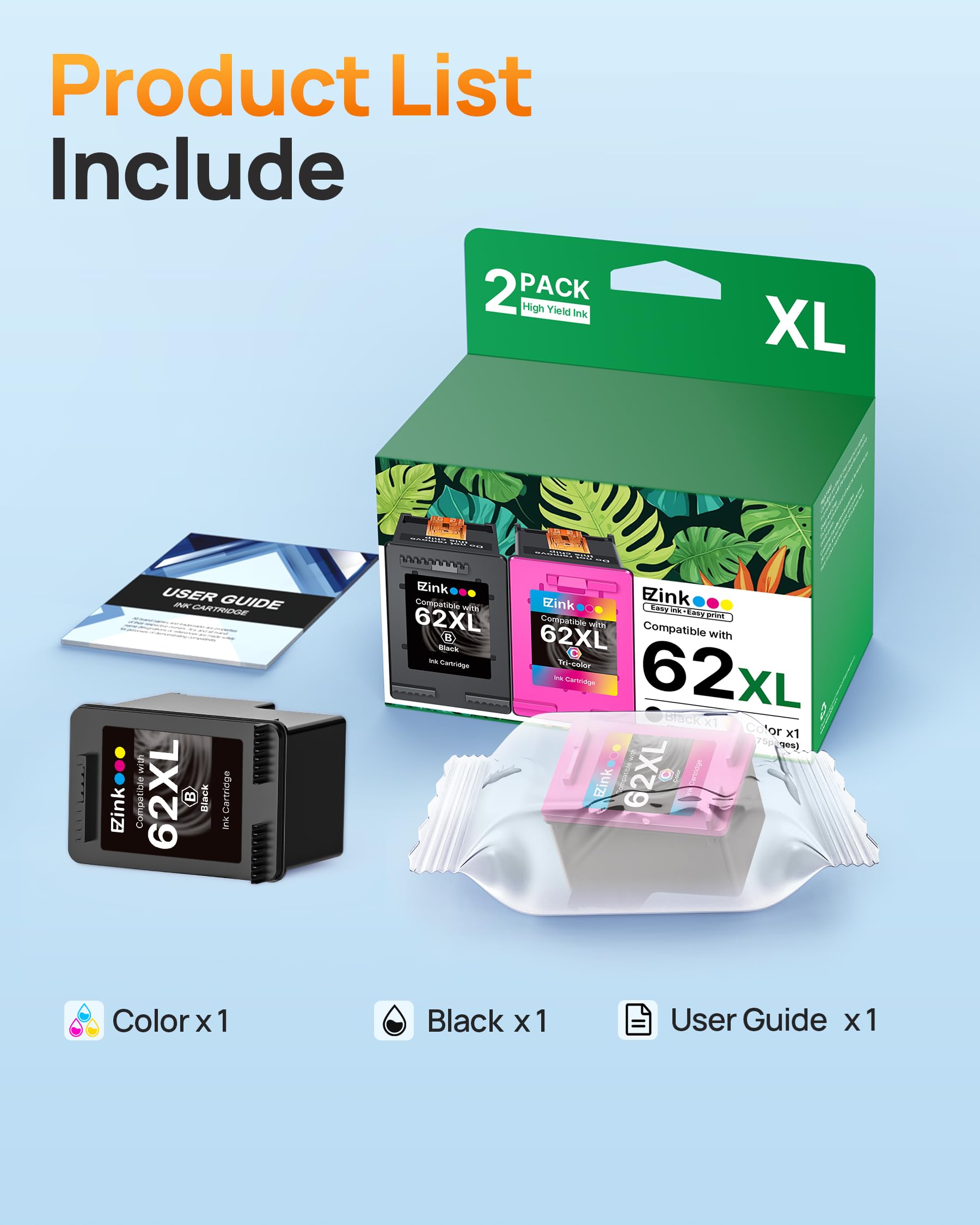 62XL Ink Cartridge High-Yield Remanufactured for HP Ink 62 XL 62XL Ink Cartridge Combo Pack to Use with Envy 5540 5640 5660 7644 OfficeJet 5740 5741 8040 200 250 Series Printer (1 Tri-Color, 1 Black) - Image 5