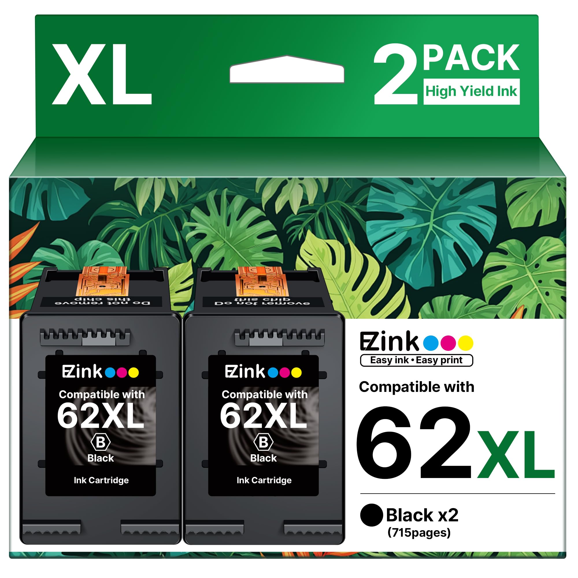 62XL Ink Remanufactured Ink Cartridges for HP 62 Black Ink Cartridge for HP Ink 62 62XL High Yield Use with HP Envy 5540 5640 5660 7644 OfficeJet 5740 5741 8040 200 250 Series Printer (2 Pack Black)