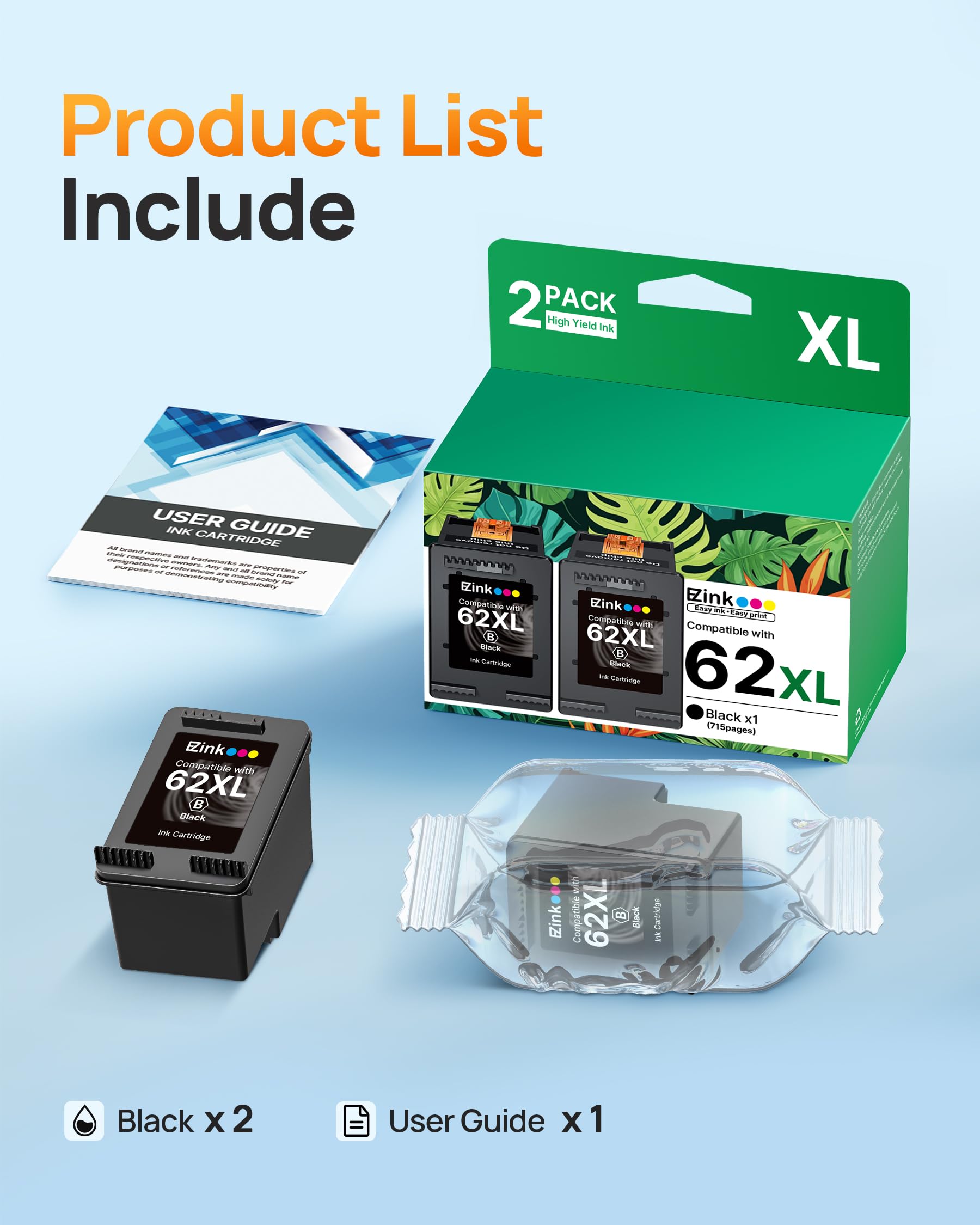 62XL Ink Remanufactured Ink Cartridges for HP 62 Black Ink Cartridge for HP Ink 62 62XL High Yield Use with HP Envy 5540 5640 5660 7644 OfficeJet 5740 5741 8040 200 250 Series Printer (2 Pack Black) - Image 6