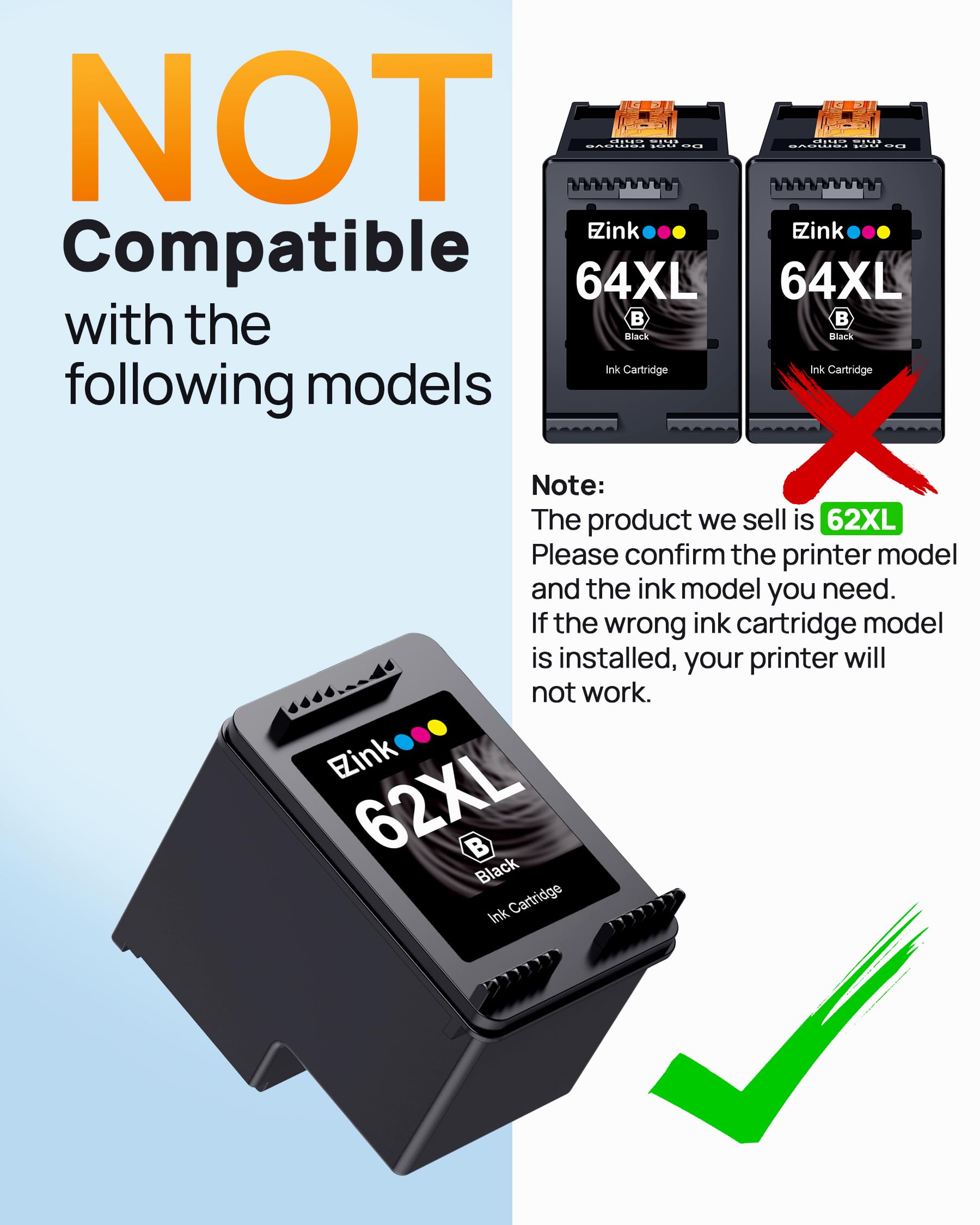 62XL Ink Remanufactured Ink Cartridges for HP 62 Black Ink Cartridge for HP Ink 62 62XL High Yield Use with HP Envy 5540 5640 5660 7644 OfficeJet 5740 5741 8040 200 250 Series Printer (2 Pack Black) - Image 8