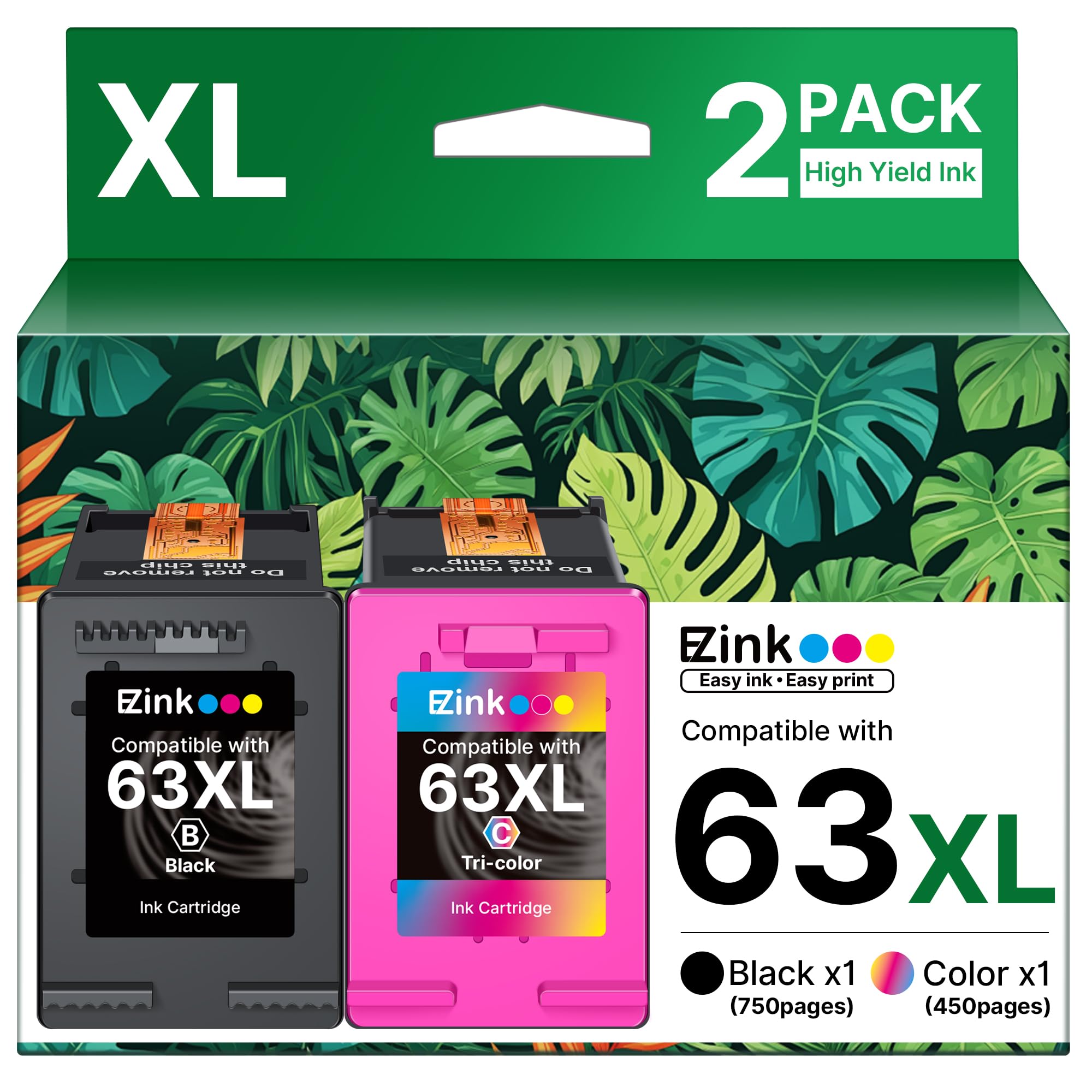 63XL Ink Cartridges Black and Color Remanufactured Replacement for HP Ink 63 for HP 63XL Ink Cartridges Combo Pack Work for Officejet 4650 3830 3833 5255 5258 Envy 4520 Deskjet 1112 3637 (2 Pack)