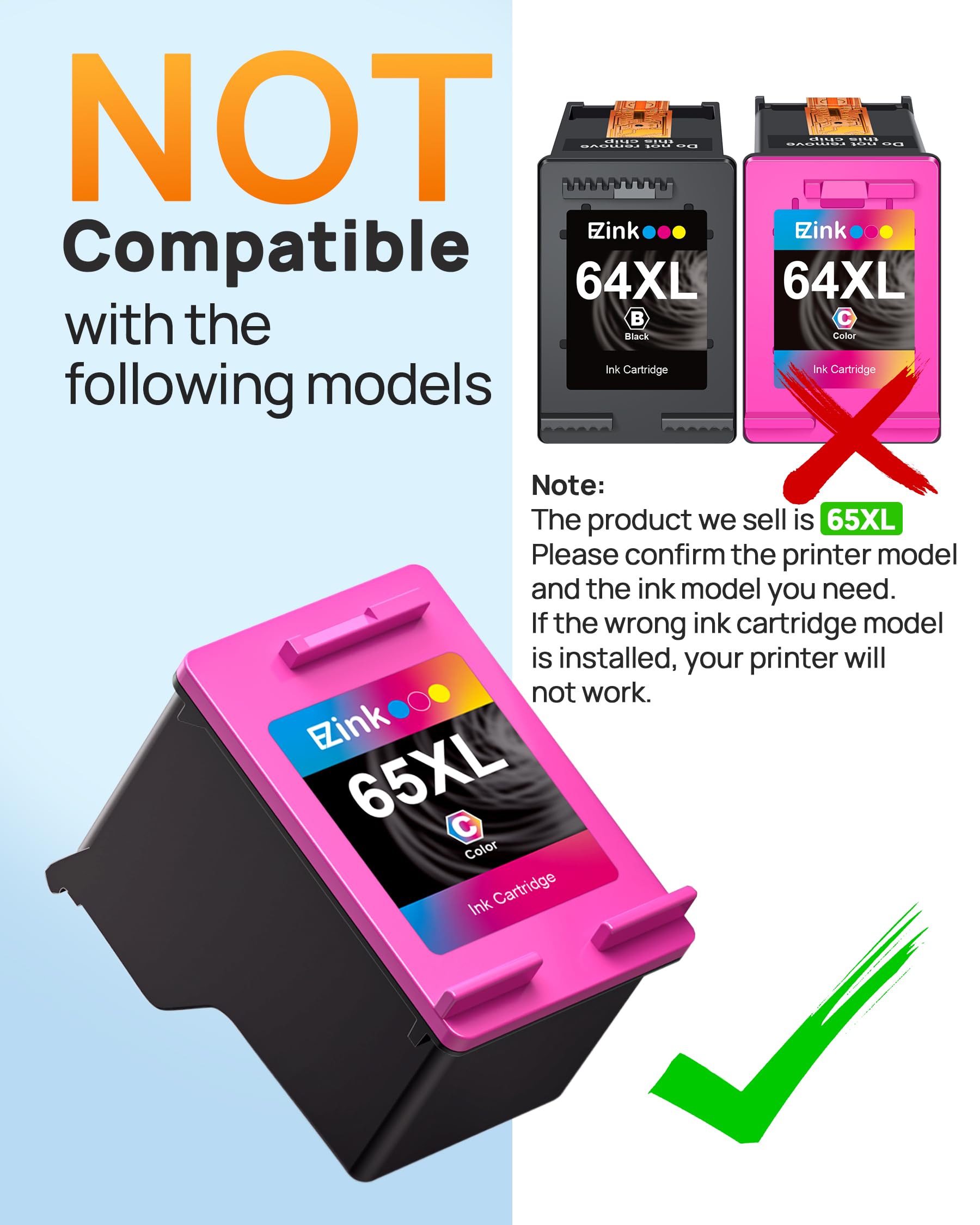 65XL 65 ink cartridges black/color combo pack Replacement for HP ink 65 65xl black and color ink cartridge work for HP Envy 5055 5000 5070 5052 5014 DeskJet 3755 3772 3700 3752 3722 2600 2622 (2 Pack) - Image 6