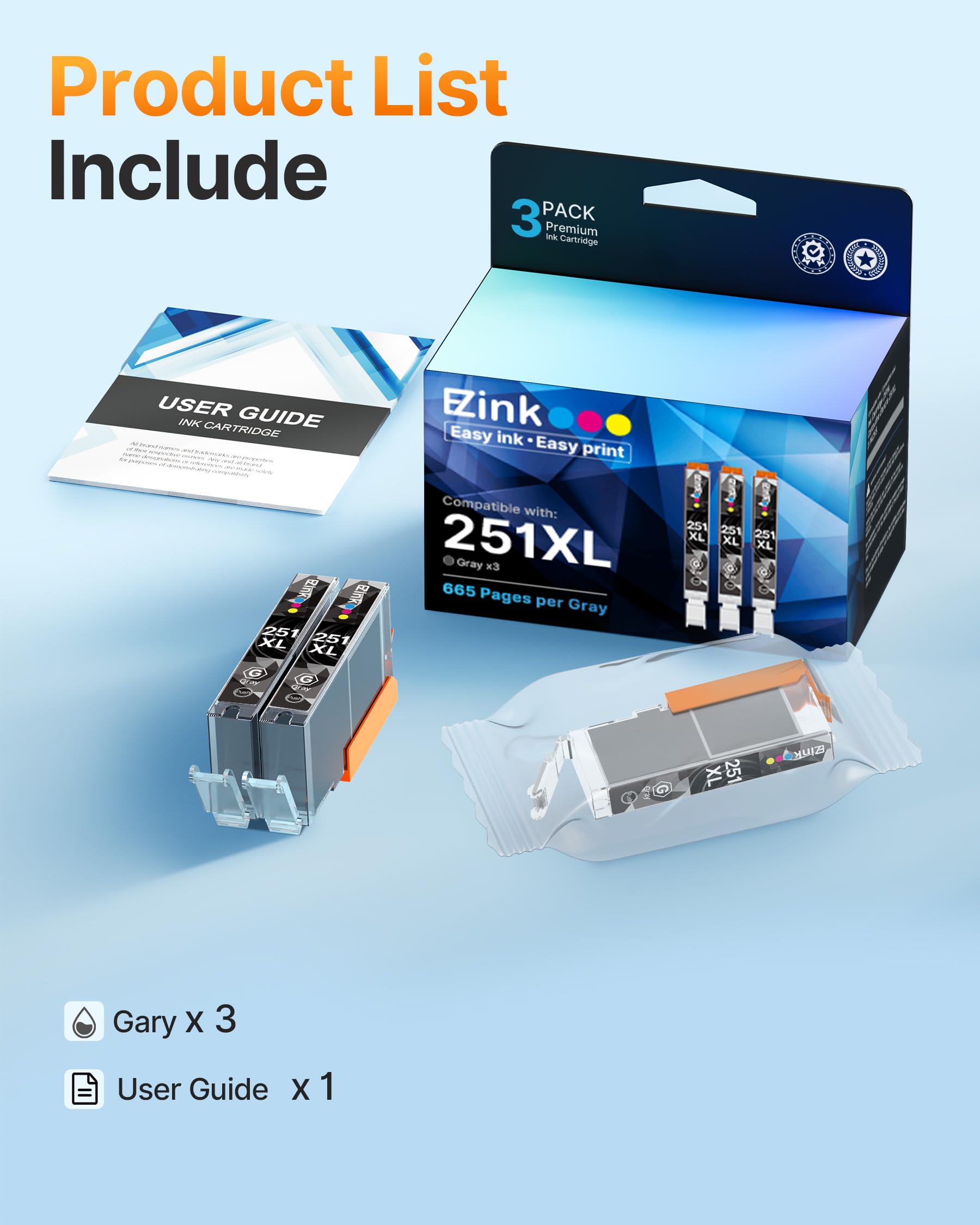 Compatible Ink Cartridge Replacement for CLI-251XL CLI 251 XL to use with PIXMA MG6320 MG7120 MG7520 IP8720 (Gray) 3 Pack - Image 6