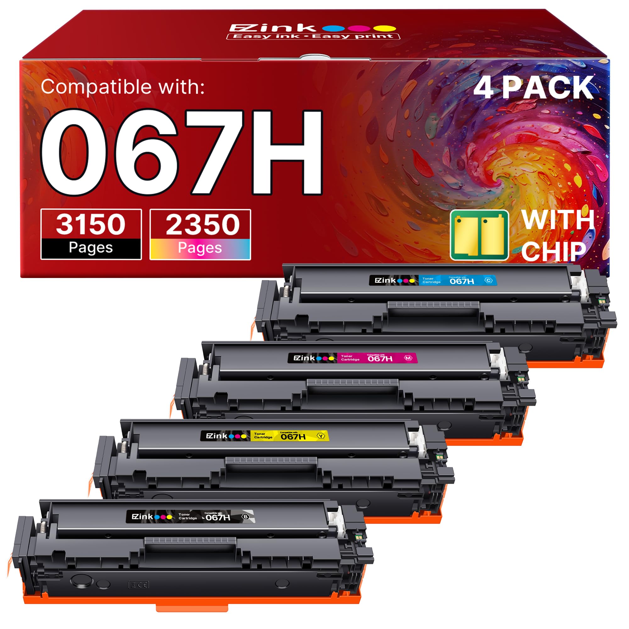 E-Z Ink 067H 067 Toner Cartridge with Chip Compatible for Canon 067H Toner Cartridge Set High Yield Cartridge 067 for Canon imageCLASS MF656Cdw MF654Cdw LBP632Cdw MF653Cdw Printer (BCMY, 4 Pack)