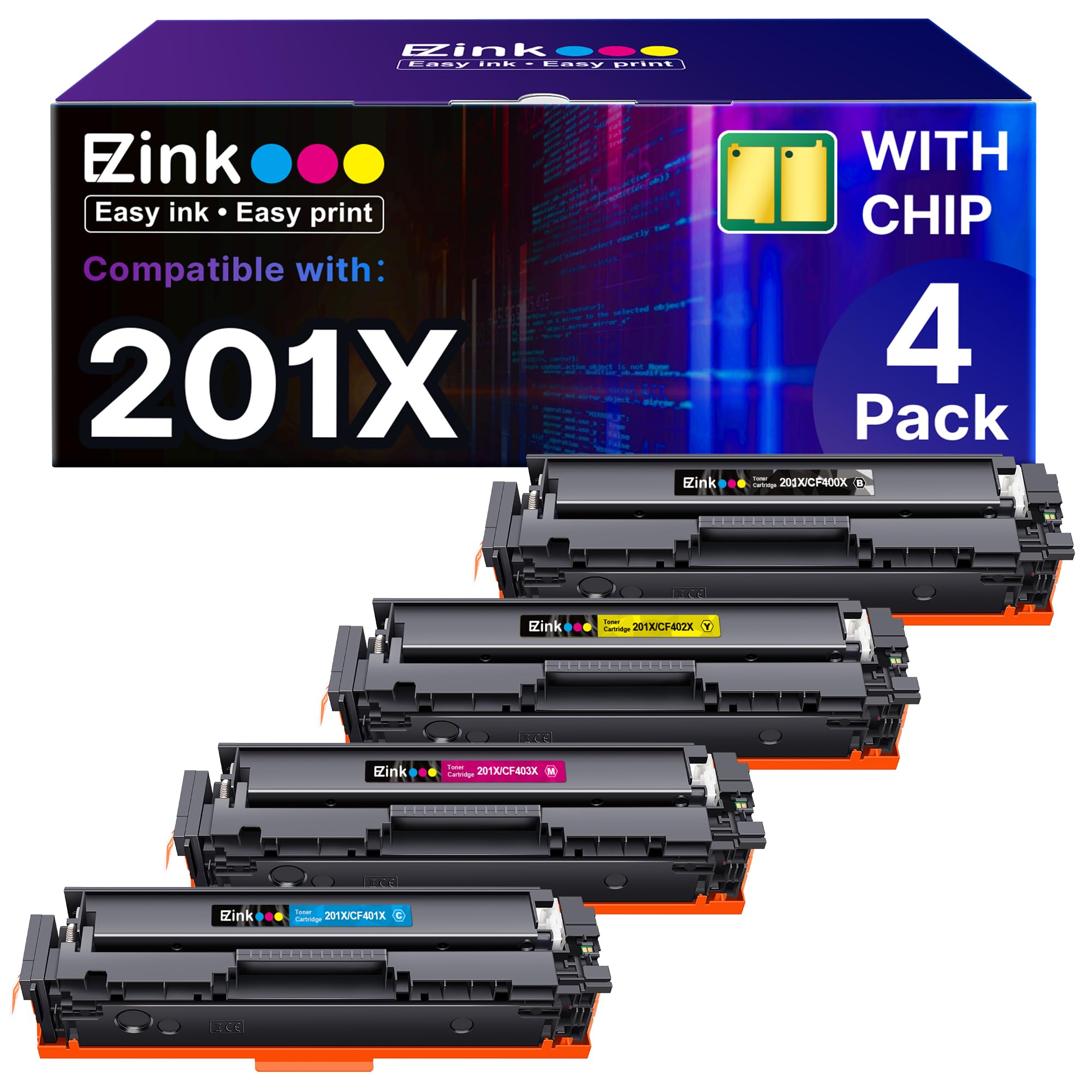 E-Z Ink 201X Replacement for HP 201X Toner Cartridges 4 Pack High Yield CF400X CF401X CF402X CF403X Compatible with HP Color Laserjet MFP M252dw M252n, Pro M277dw M277n (Black, Cyan, Magenta, Yellow)