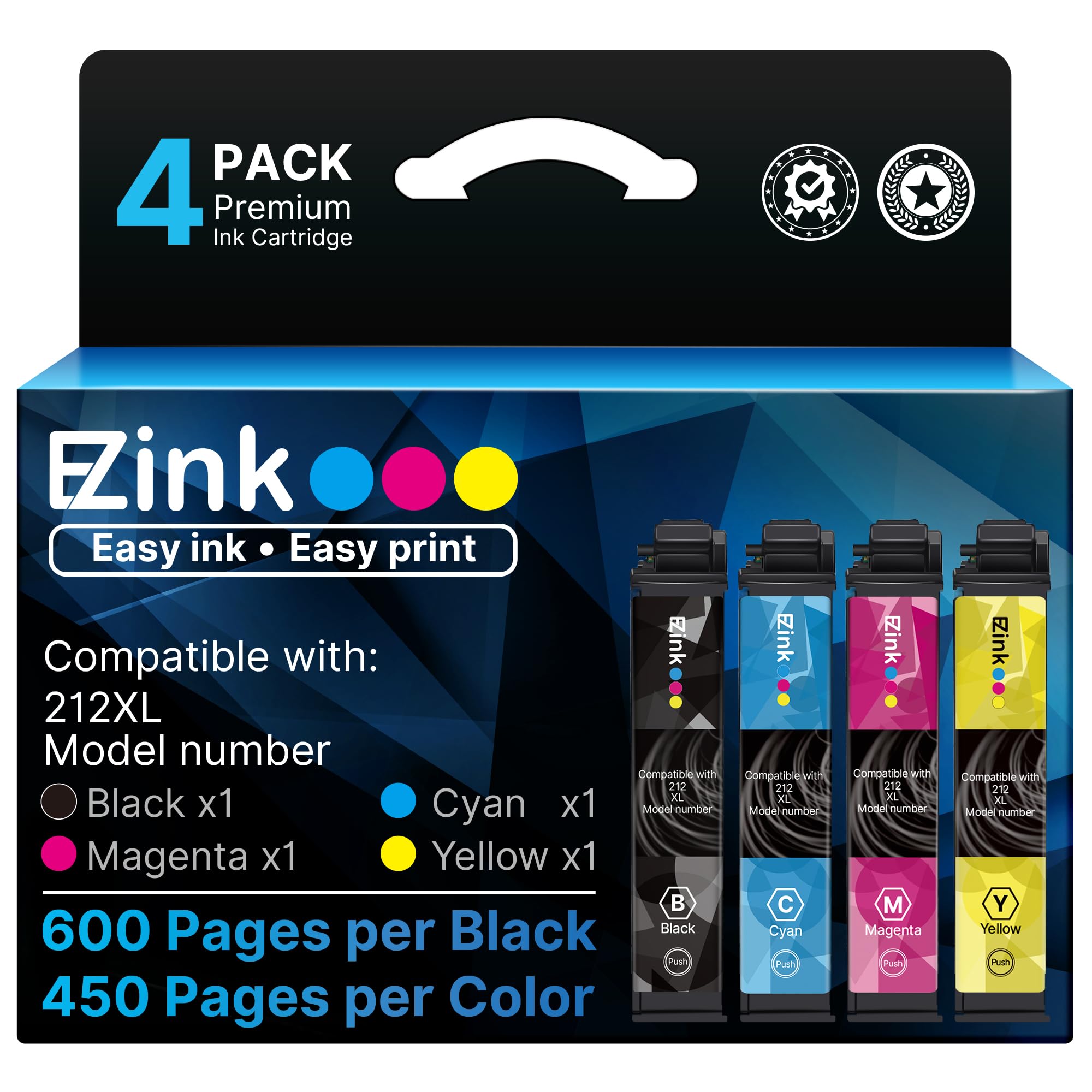 E-Z Ink 212XL Ink Cartridges High Capacity Remanufactured for Epson 212 XL 212XL T212 Combo Pack to Use with Espon XP-4100 XP-4105 WF-2850 WF-2830 (1 Black 1 Cyan 1 Magenta 1 Yellow, 4 Pack)