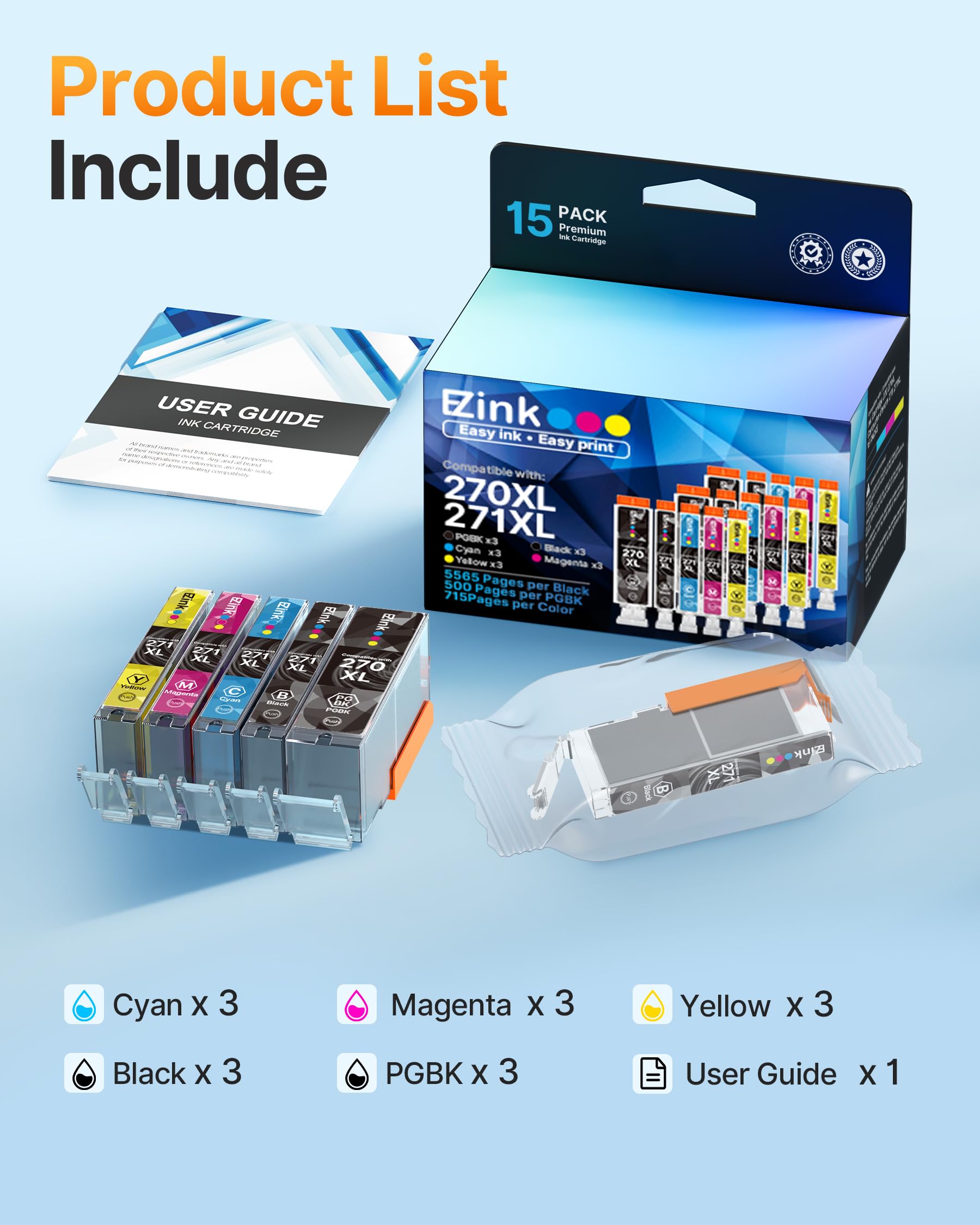 E-Z Ink 270 271 XL Ink Compatible for Canon 270 271 PGI-270XL CLI-271XL Ink Cartridges to use with Canon Pixma TS6020 TS9020 MG7720 MG6821 MG5720 MG5721 MG5722 MG6820 MG6822 TS5020 TS8020,15 Pack - Image 6