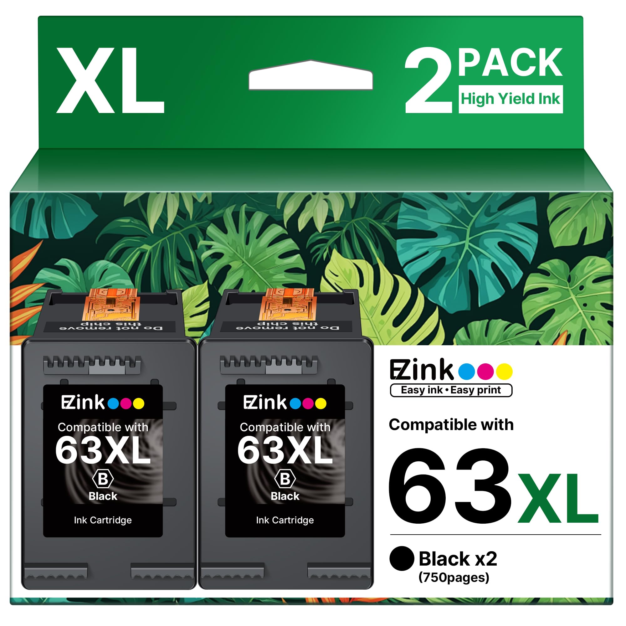 E-Z Ink 63XL Black Ink Cartridge Remanufactured 63XL 63 Ink Replacement for HP Ink 63 HP63 HP63XL to Use with HP OfficeJet 3830 4650 4655 5255 5258 5200 Envy 4520 4512 DeskJJet 1112 2130 (2 Black)