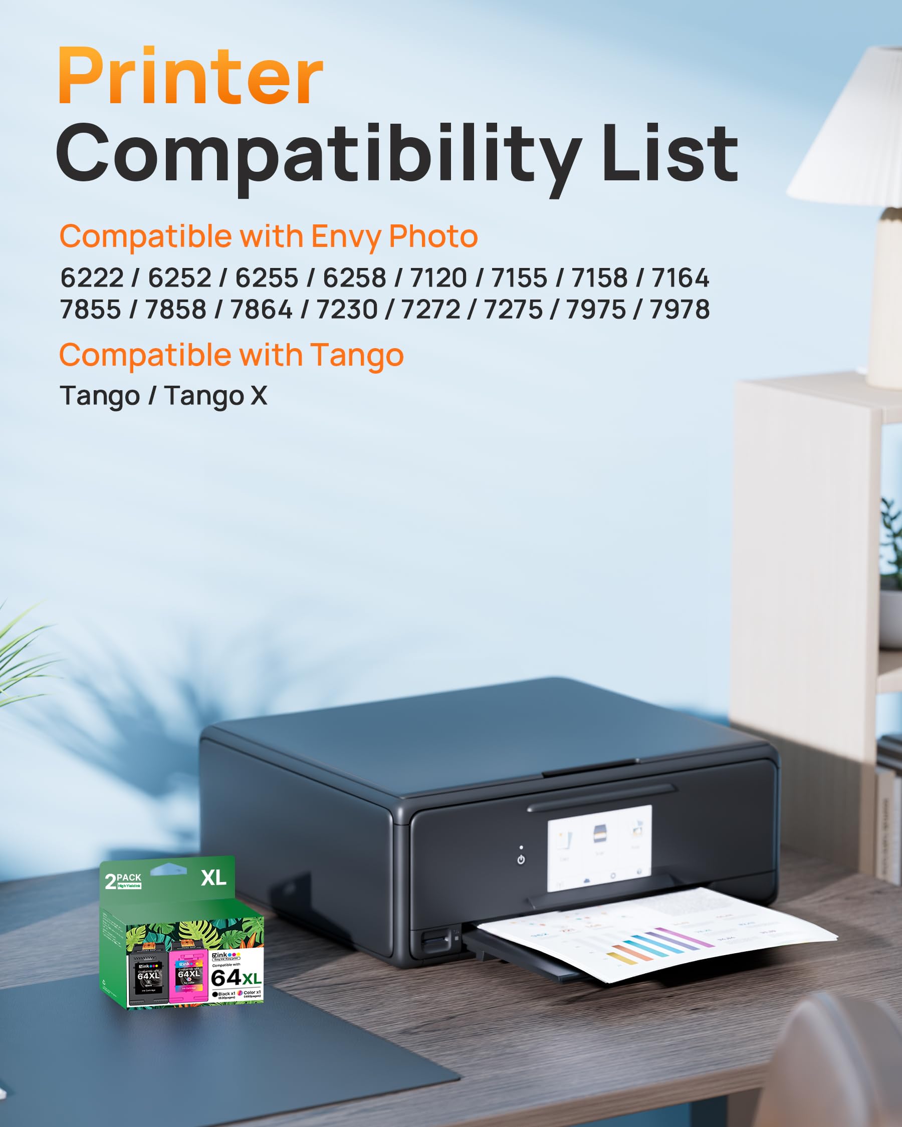 E-Z Ink 64XL Ink Cartridges Black and Color Combo Pack Remanufactured for HP Ink 64 64XL 64 XL Ink to use with HP Envy Photo 7855 7858 7155 7120 7158 7164 6255 Tango X Printers (1 Black, 1 Tri-Color) - Image 2