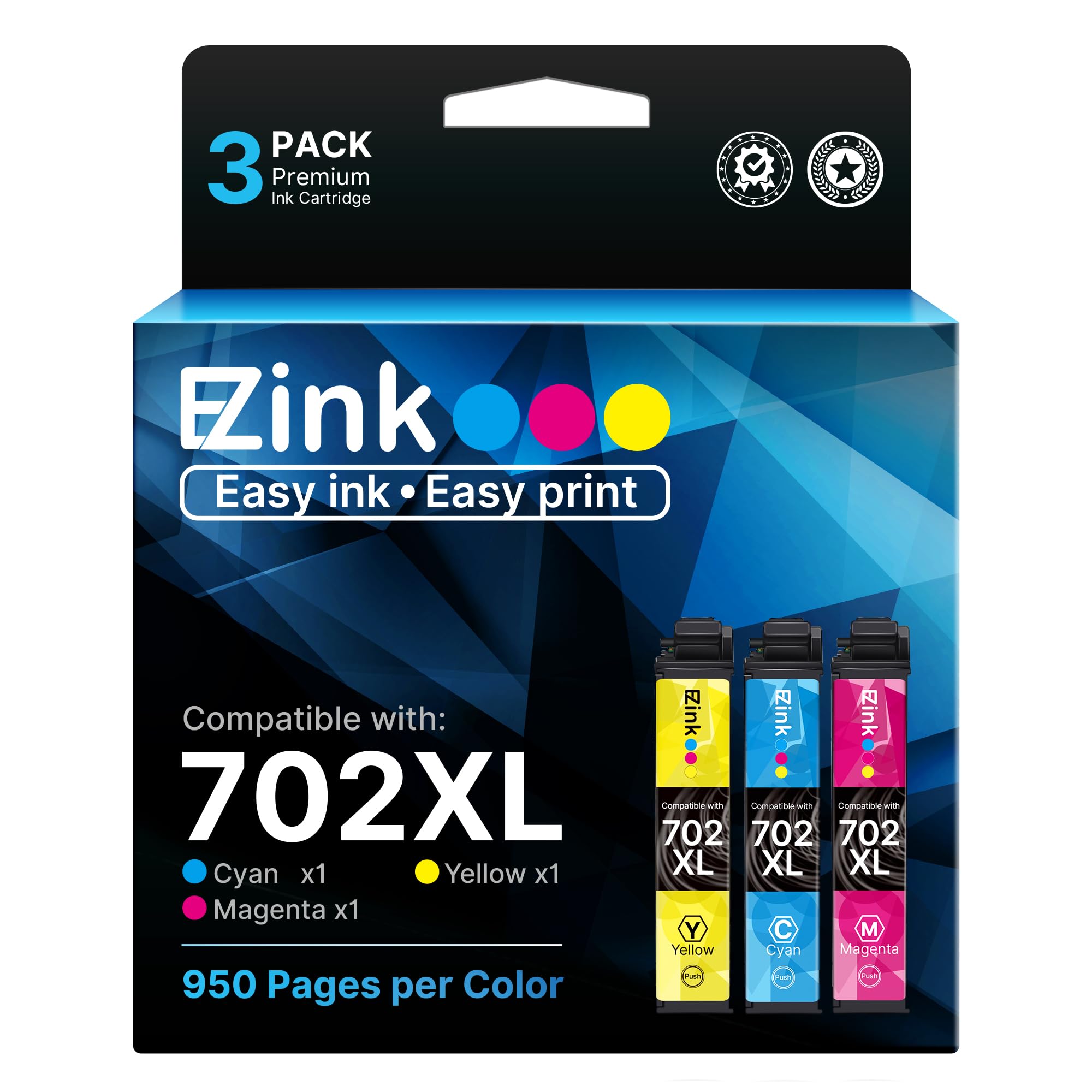E-Z Ink 702XL Color Ink Cartridges Remanufactured for Epson 702 Color Ink Cartridges High Yield 702XL to use with Workforce Pro WF-3720 WF-3730 WF-3733 Printer (1 Cyan, 1 Magenta, 1 Yellow, 3 Pack)