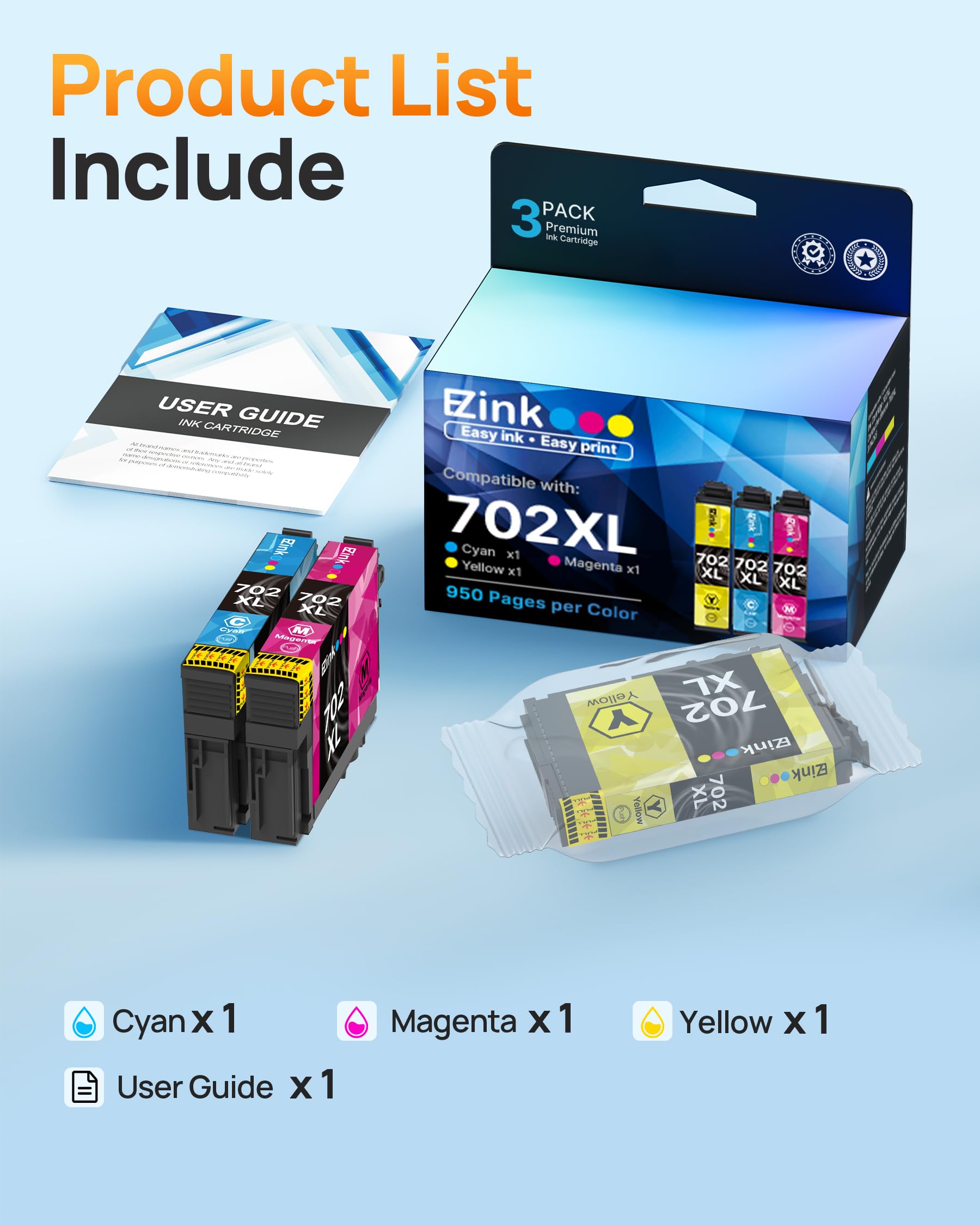 E-Z Ink 702XL Color Ink Cartridges Remanufactured for Epson 702 Color Ink Cartridges High Yield 702XL to use with Workforce Pro WF-3720 WF-3730 WF-3733 Printer (1 Cyan, 1 Magenta, 1 Yellow, 3 Pack) - Image 7