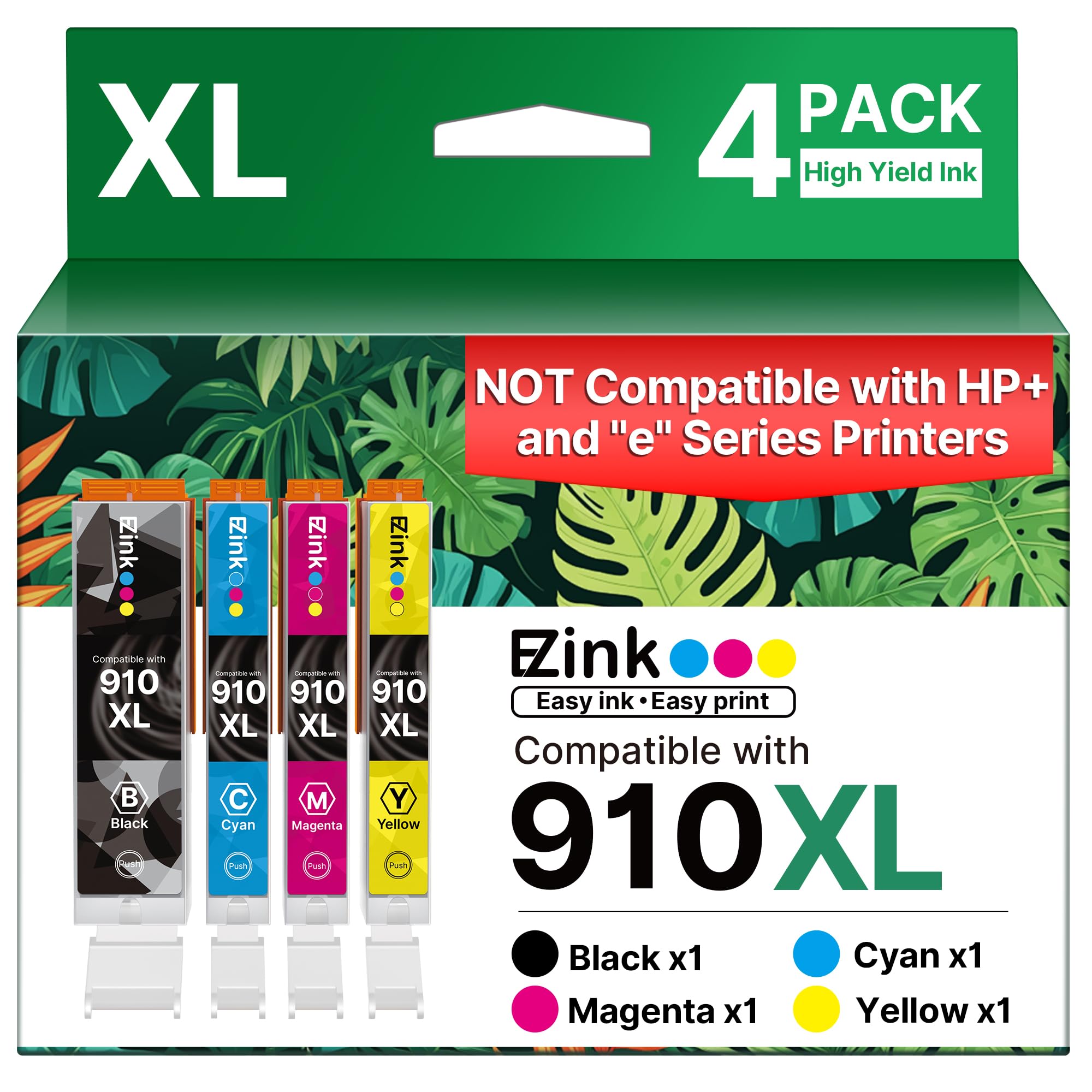 E-Z Ink 910XL Ink Cartridges for HP Printers Replacement for HP 910XL Ink Cartridges Combo Pack 910XL Black and Color Combo Pack Use with OfficeJet 8010 8015 8018 8022 Pro 8025 8020 Printers (4 Pack)
