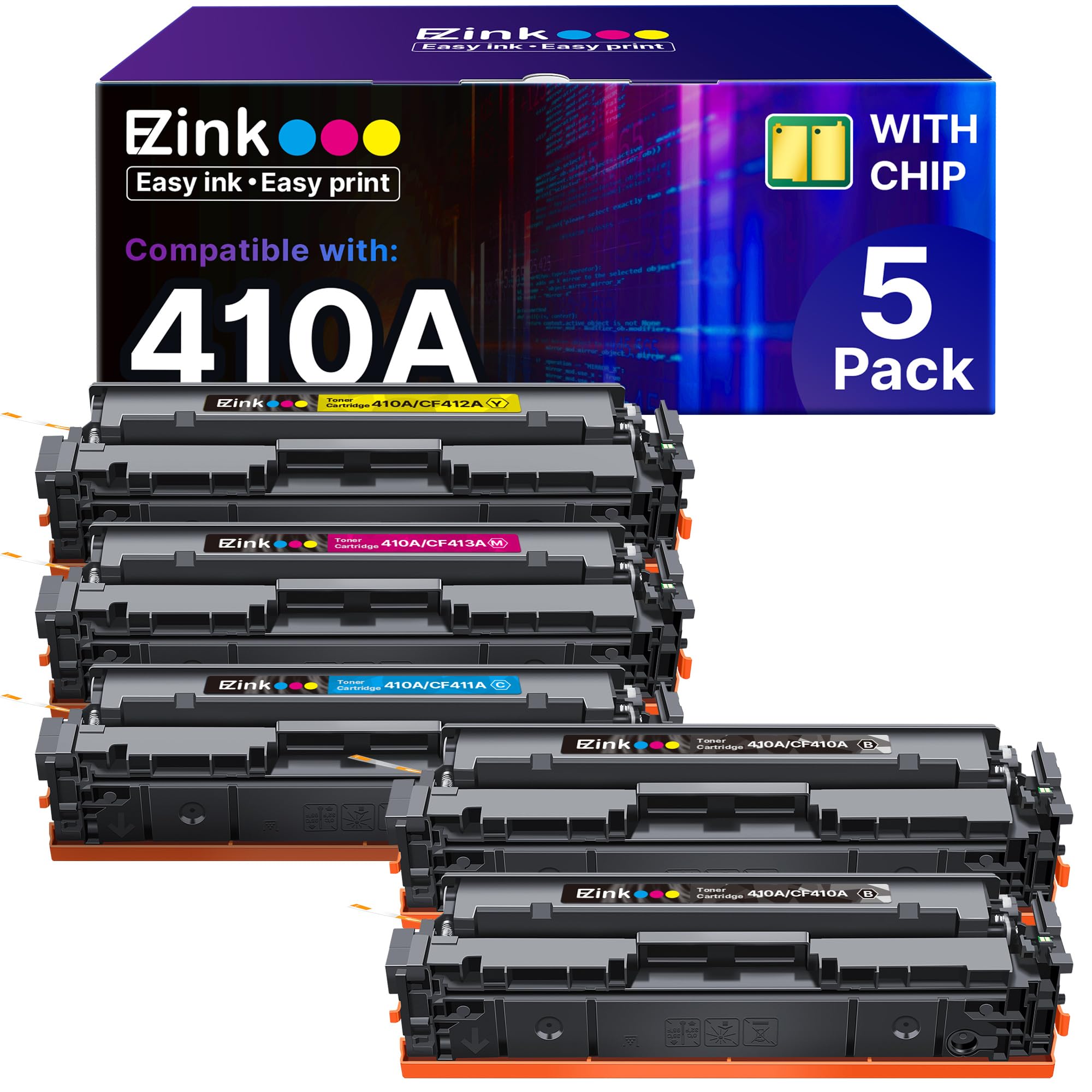 E-Z Ink Compatible 410A Toner Cartridge Replacement for HP 410A 410X 410 CF410A CF411A CF412A CF413A Color Laserjet Pro MFP M477fnw M477fdw M477fdn M452dn M452nw M477 Printer (5 Pack)