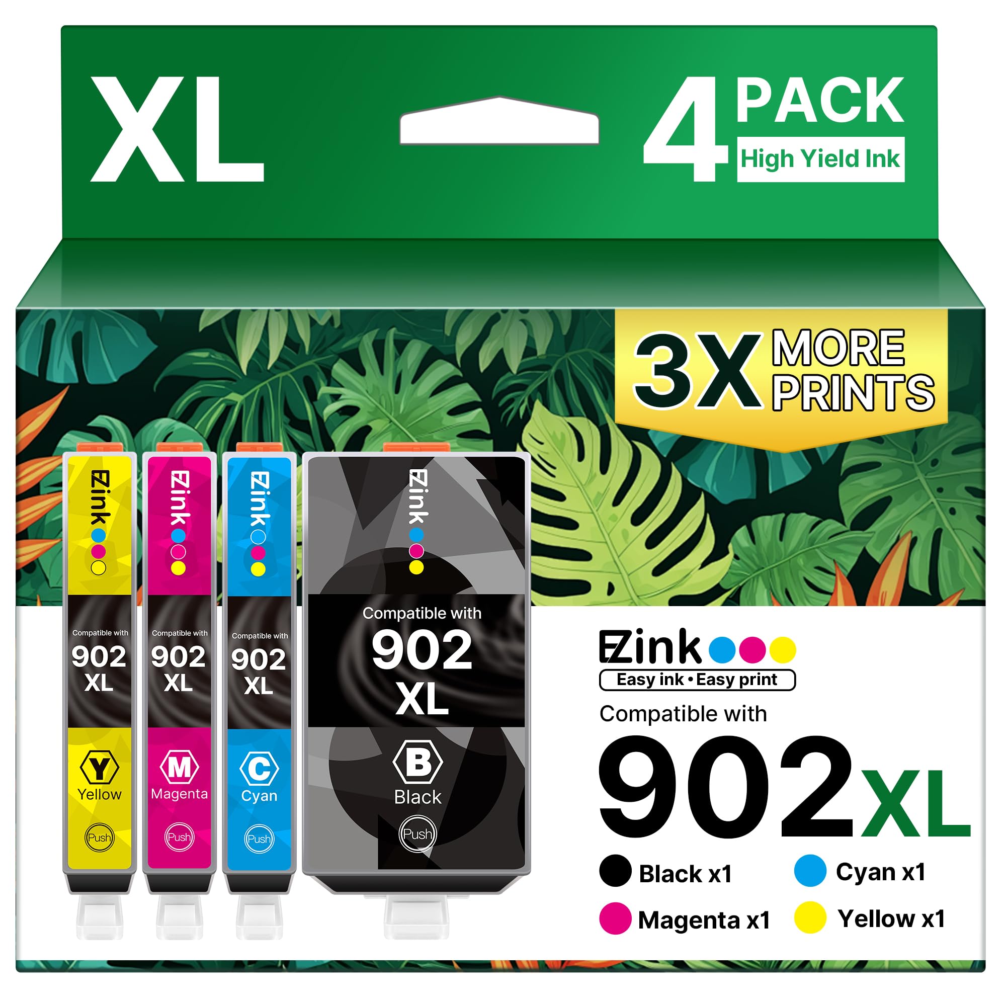 E-Z Ink Compatible 902 902XL Ink Cartridges for HP Printers Replacement for HP 902XL Ink Cartridges Combo Pack 4 Pack for Officejet Pro 6978 6968 6960 6970 Officejet 6951 6954 6956 6958 Printer