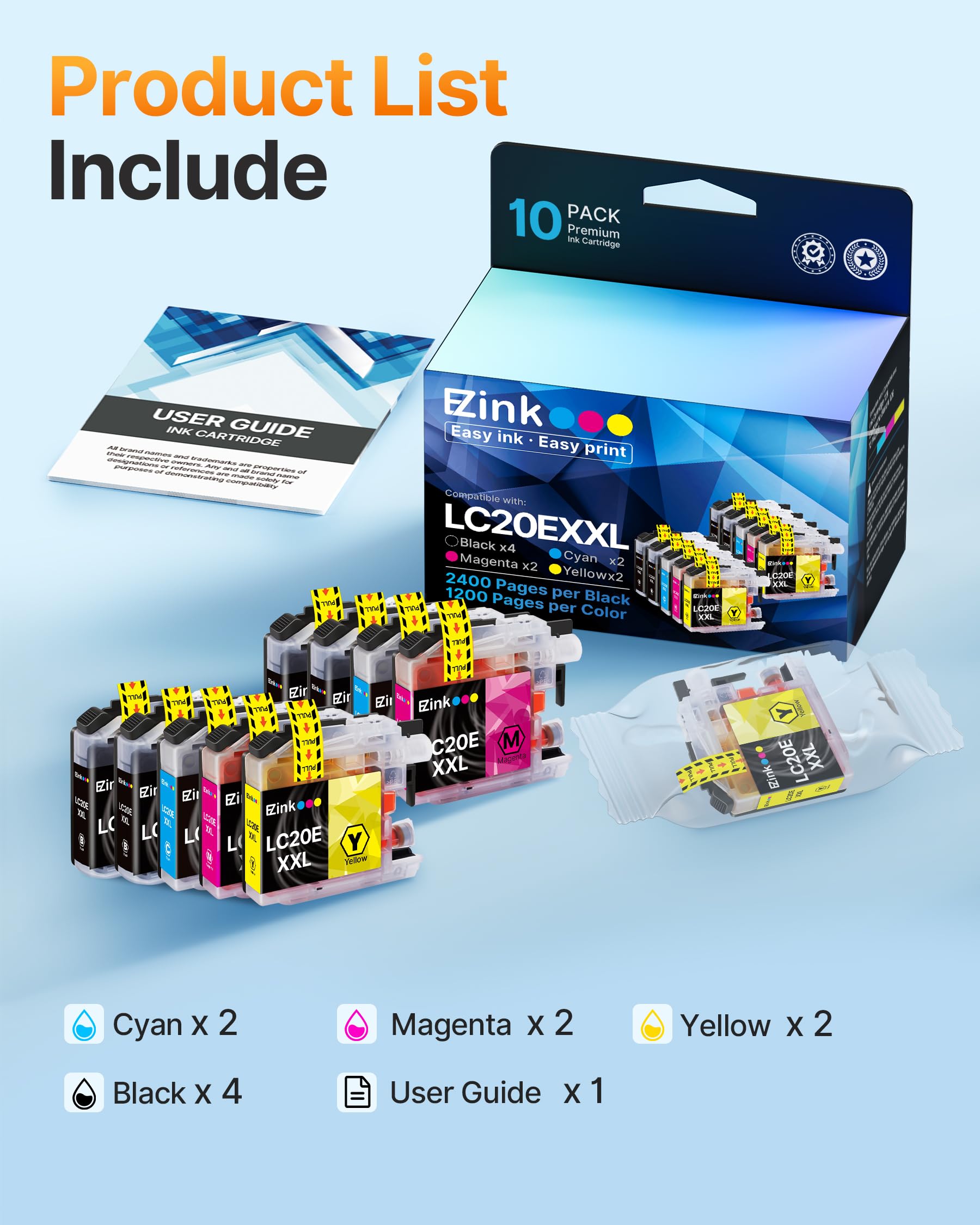 E-Z Ink Compatible Ink Cartridge Replacement for Brother LC20E XXL for use with MFC-J985DW, MFC-J775DW, MFC-J5920DW, MFC-J985DWXL, MFC-J775DWXL(4 Black, 2 Cyan, 2 Magenta, 2 Yellow, 10 Pack) - Image 5