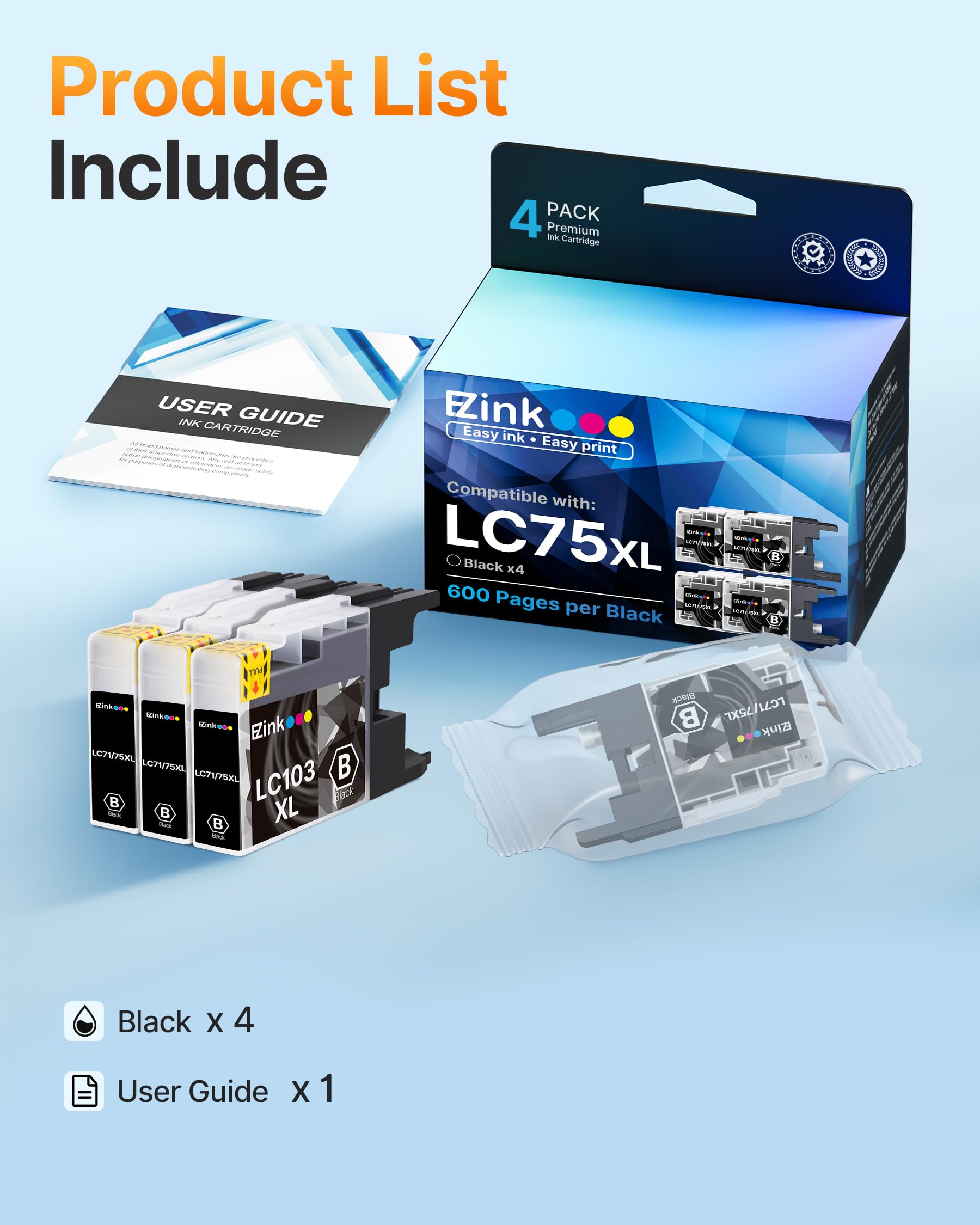 E-Z Ink Compatible Ink Cartridge Replacement for Brother LC75XL High Yield Compatible with MFC-J6510DW MFC-J6710DW MFC-J6910DW MFC-J280W MFC-J425W(Black,4 Pack) - Image 5