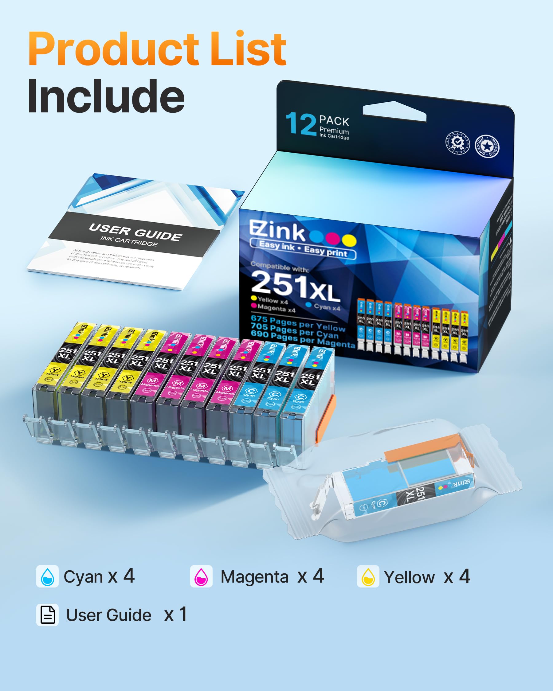 E-Z Ink Compatible Ink Cartridge Replacement for Canon CLI-251XL CLI 251 to use with PIXMA MX922 MX920 IP8720 IX6820 IP7220 MG5520 MG5420 MG7520 MG6320 Printer (4 Cyan, 4 Magenta, 4 Yellow, 12 Pack) - Image 5