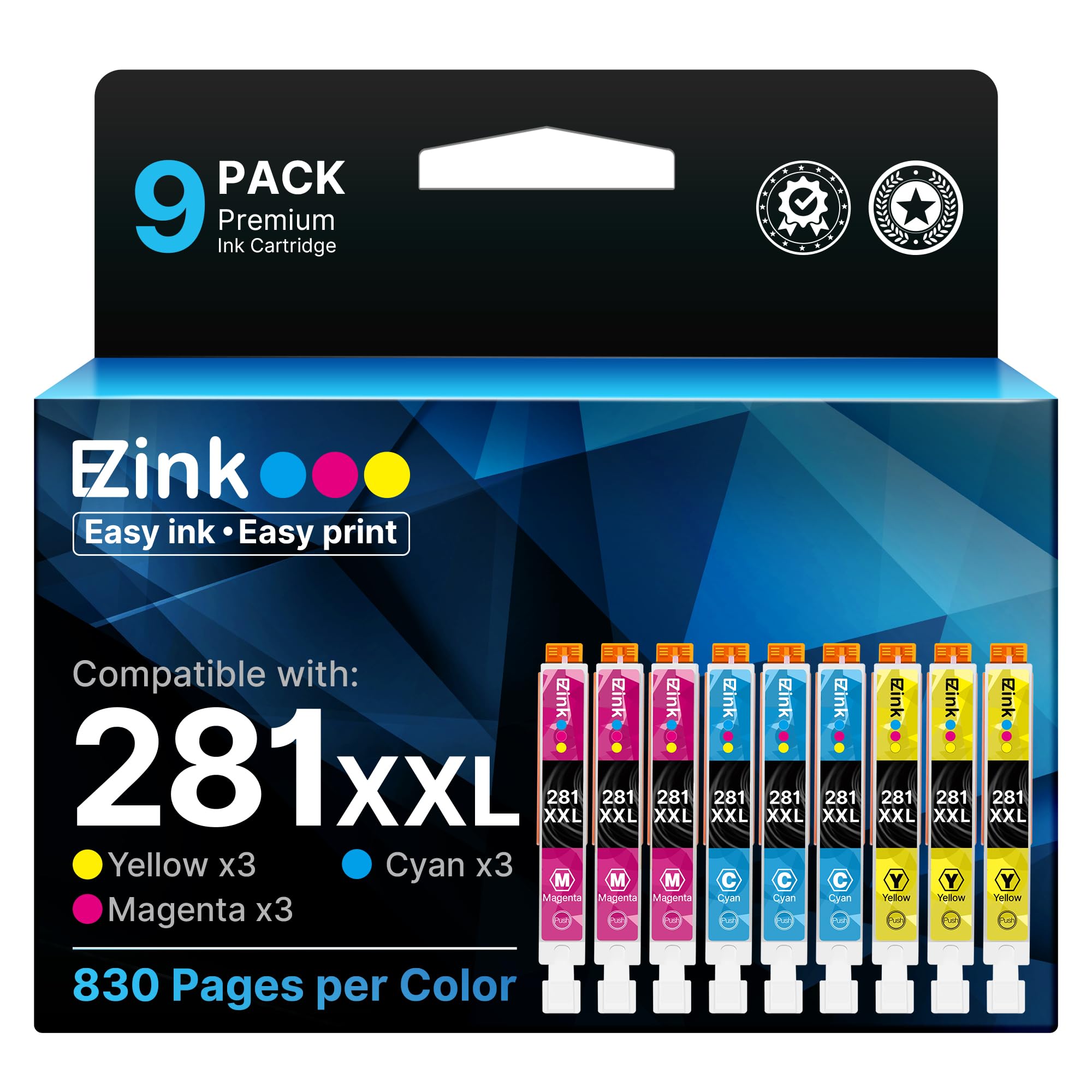 E-Z Ink Compatible Ink Cartridge Replacement for Canon CLI-281XXL CLI281XXL 281XXL to use with TR7520 TR8520 TS6120 TS6220 TS6320 TS8120 TS8220 TS9120 TS9520 TS9521C TS702 Printer (9 Pack)