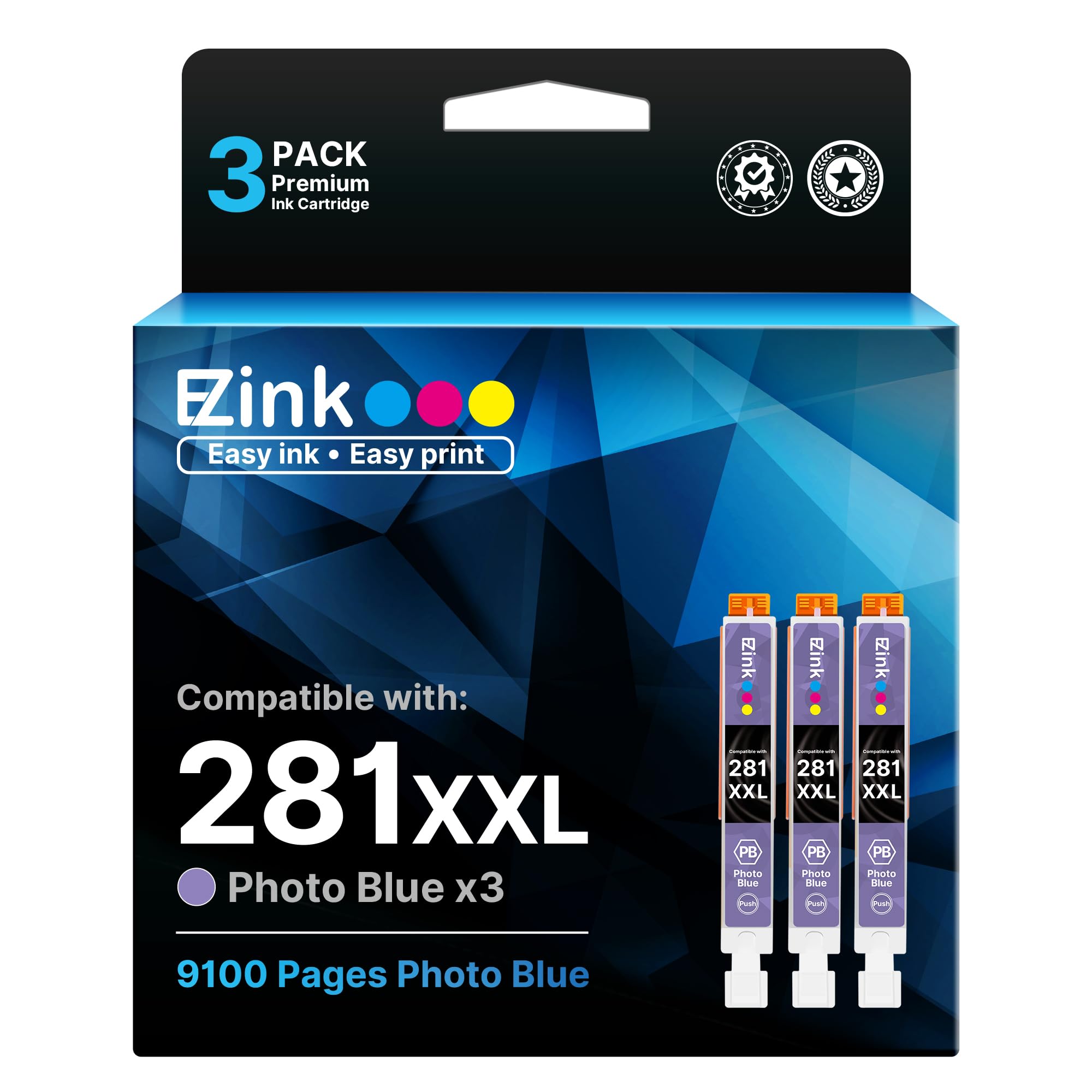 E-Z Ink Compatible Ink Cartridge Replacement for Canon CLI-281XXL CLI 281 XXL to use with PIXMA TS8320 TS8220 TS8120 TS9120（Photo Blue，3 Pack）