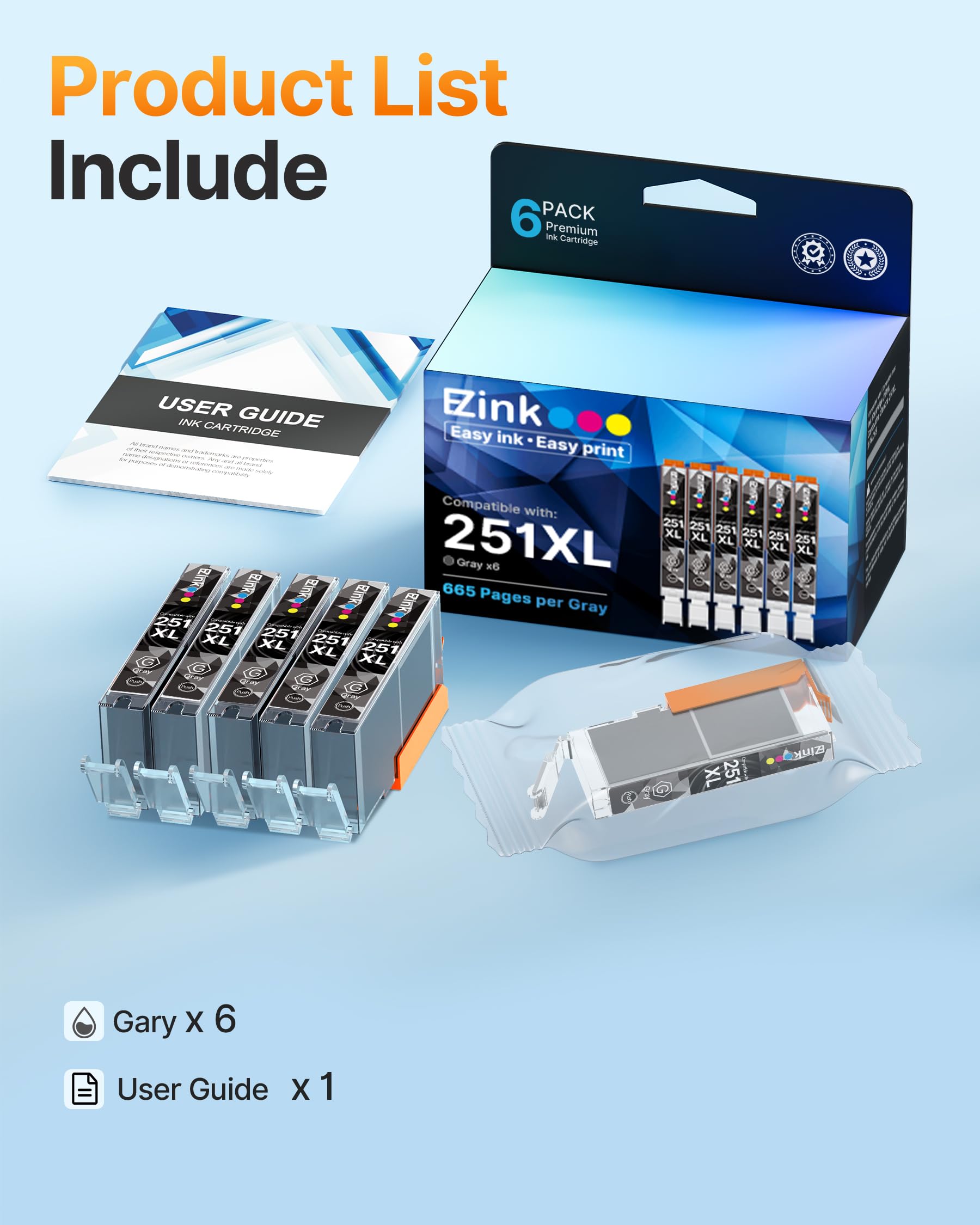 E-Z Ink Compatible Ink Cartridge Replacement for Canon CLI-251XL CLI 251 to use with PIXMA IP8720 MG7520 MG6320 MG7120 Printer (Gray, 6 Pack) - Image 5