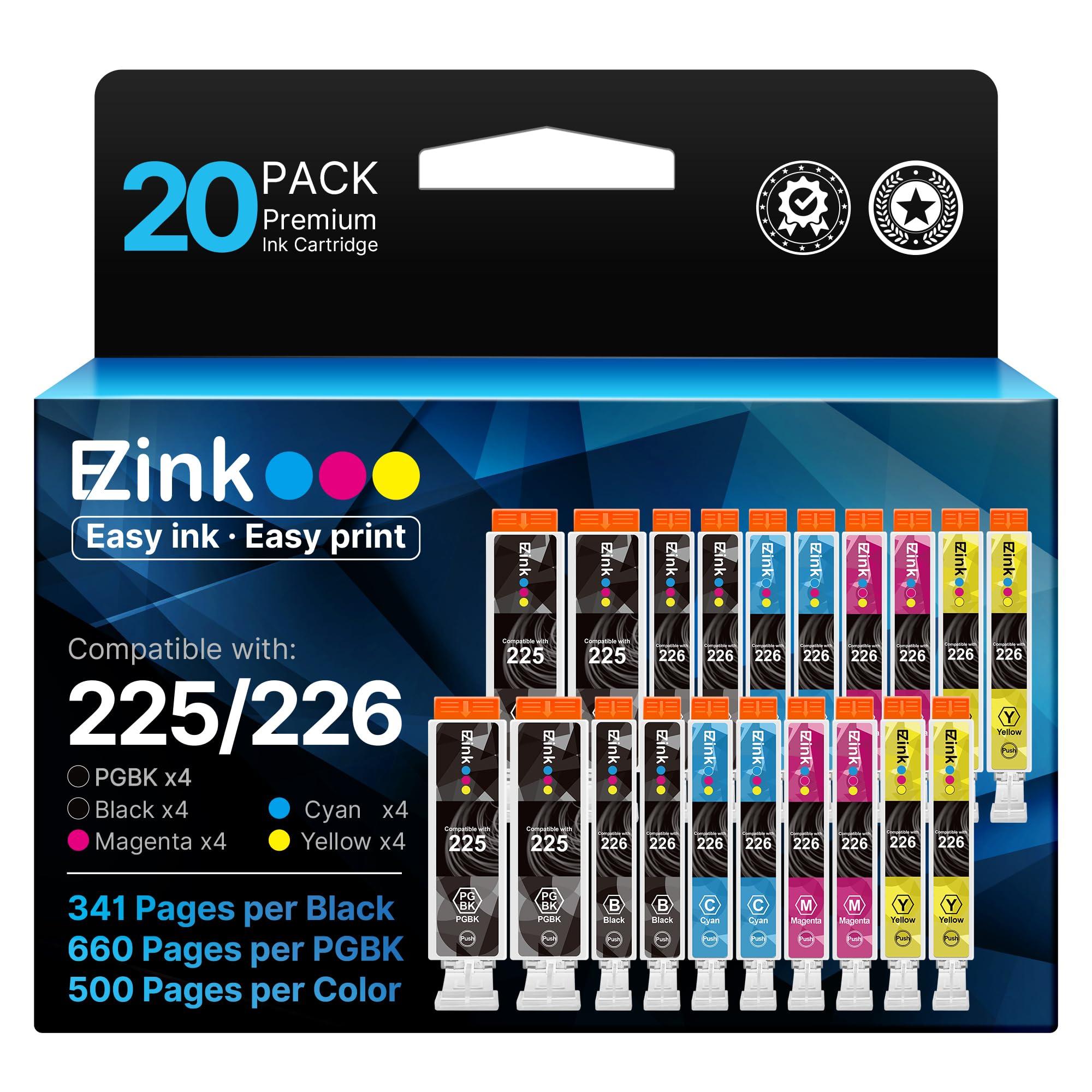 E-Z Ink Compatible Ink Cartridge Replacement for Canon PGI-225 CLI-226 PGI225 CLI226 to use with MG6220 MG6120 MG5320 MX882 MX892 (4 Large Black, 4 Cyan, 4 Magenta, 4 Yellow, 4 Small Black) 20Pack