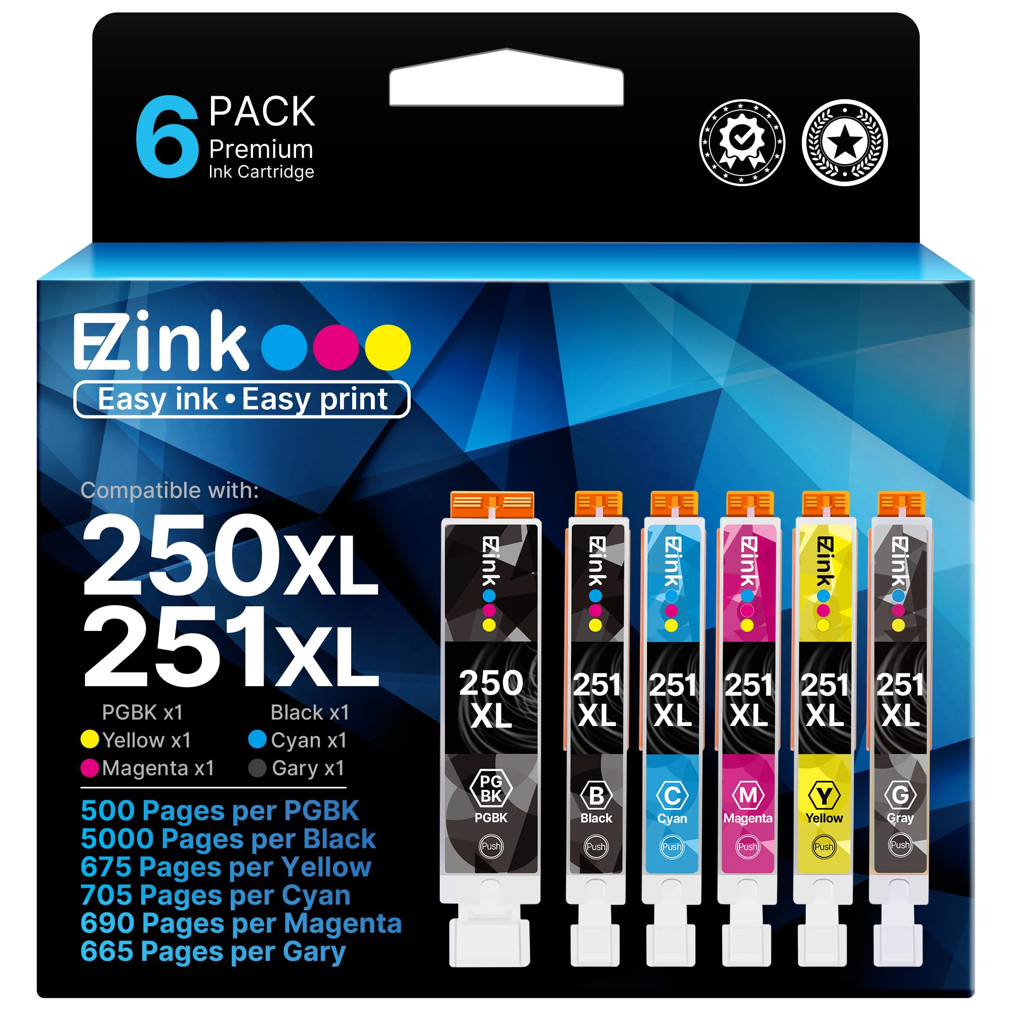 E-Z Ink Compatible Ink Cartridge Replacement for Canon PGI-250XL PGI 250 XL CLI-251XL CLI 251 XL to use with Pixma IP8720 (1 Large Black, 1 Cyan, 1 Magenta, 1 Yellow, 1 Small Black,1 Gray) 6 Pack