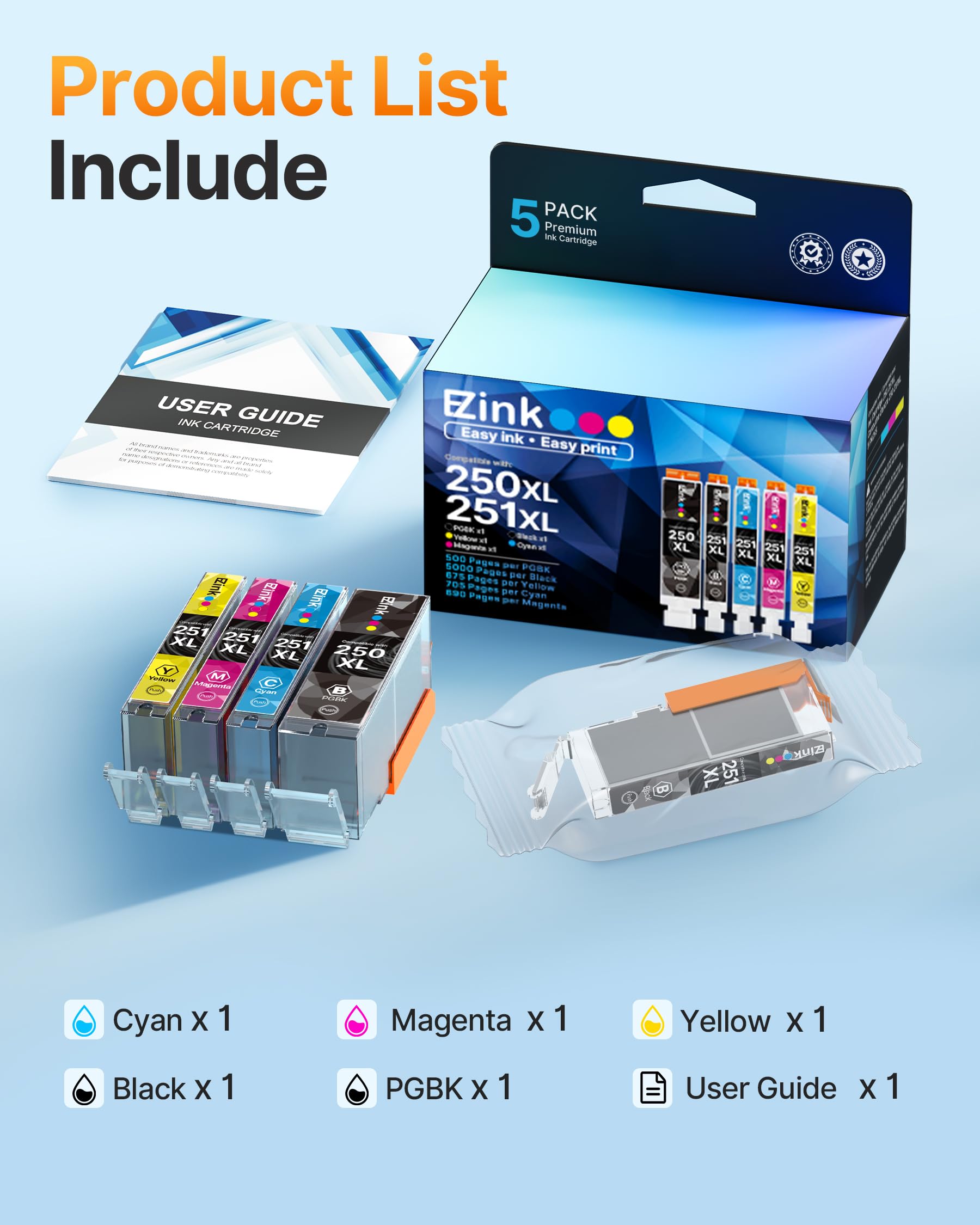 E-Z Ink Compatible Ink Cartridge Replacement for Canon PGI-250XL PGI 250 XL CLI-251XL CLI 251 XL to use with PIXMA MX922 MG5520 (1 Large Black, 1 Cyan, 1 Magenta, 1 Yellow, 1 Small Black) 5 Pack - Image 7