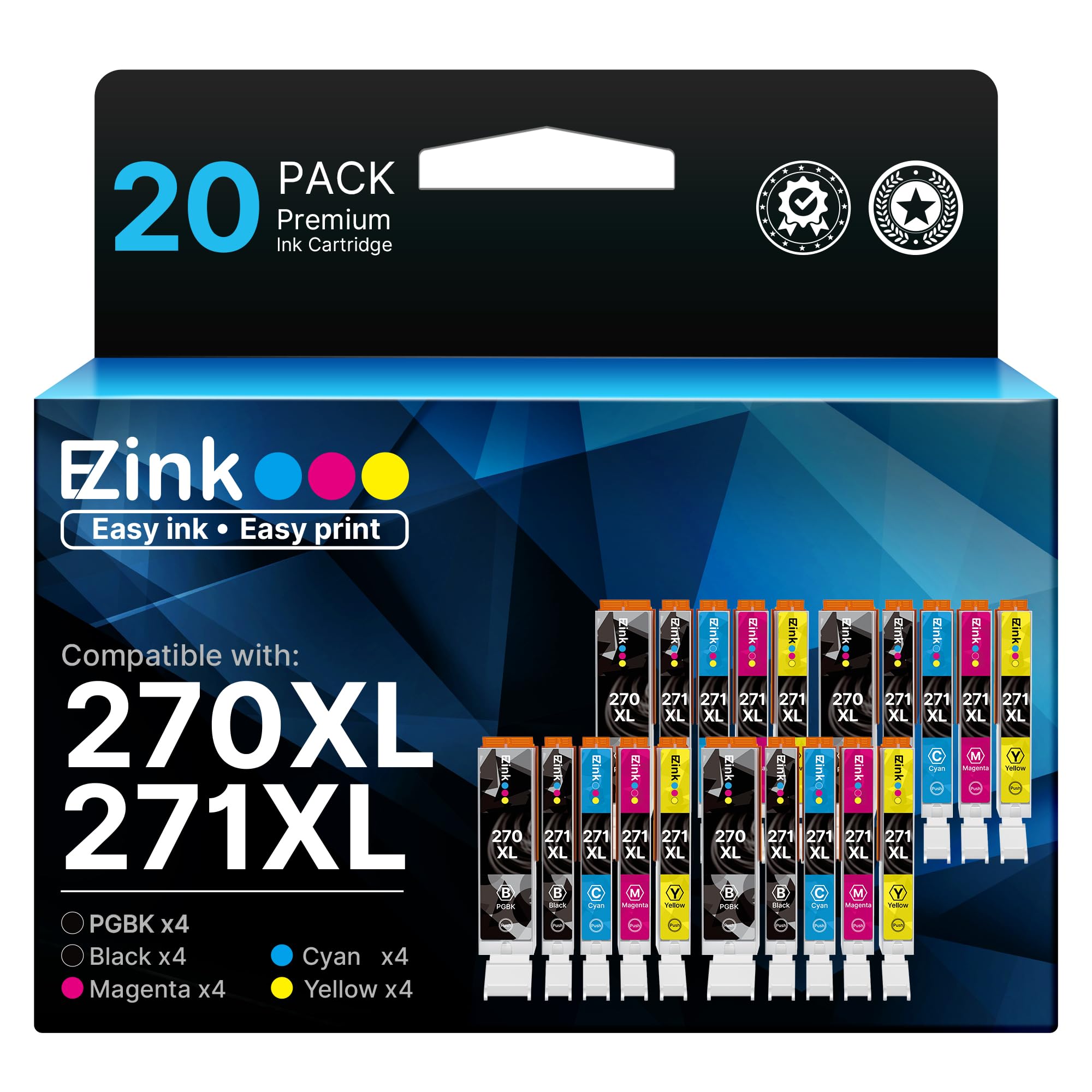 E-Z Ink Compatible Ink Cartridge Replacement for Canon PGI-270XL CLI-271XL PGI270 XL CLI271 XL Compatible with MG5720 TS6020 TS9020 (4 Large Black,4 Small Black,4 Cyan,4 Magenta,4 Yellow) 20 Pack