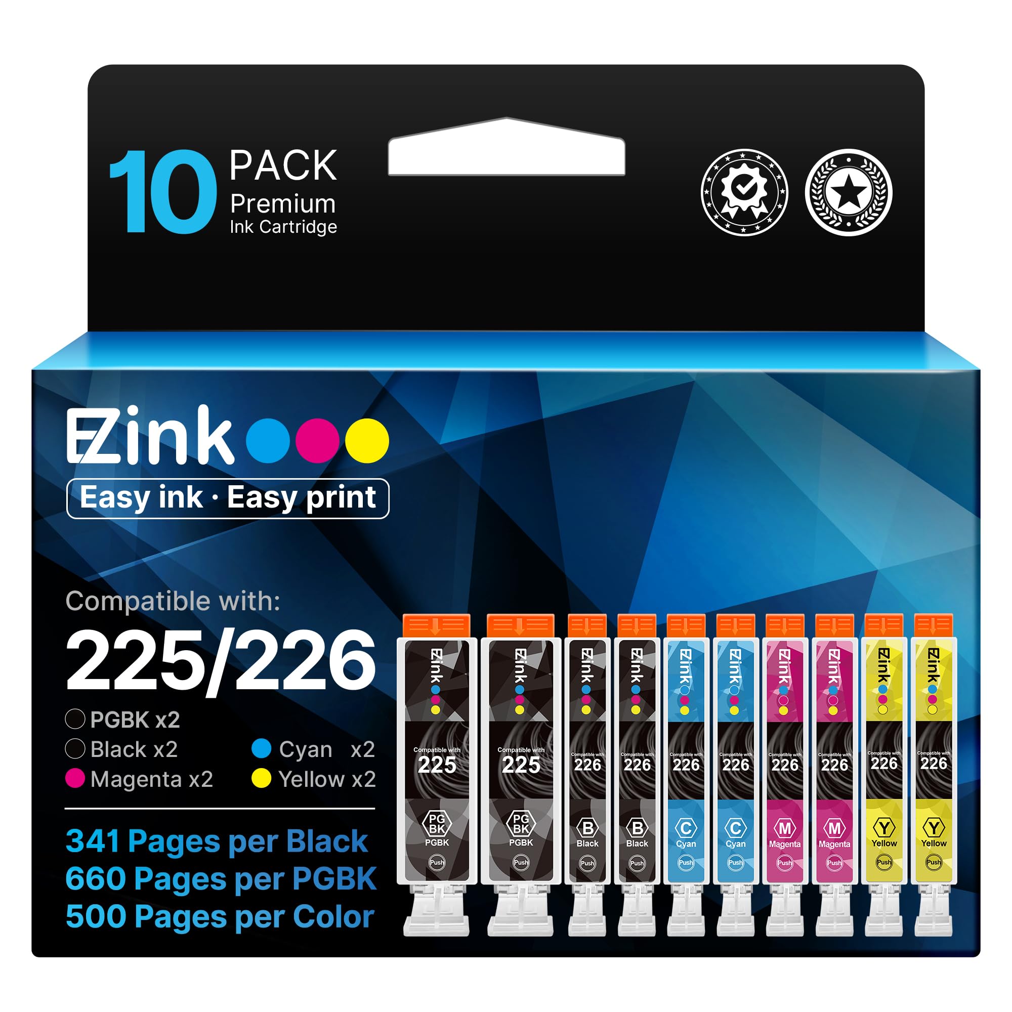 E-Z Ink Compatible Ink Cartridge Replacement for Canon PGI-225 CLI-226 PGI225 CLI226 Compatible with PIXMA MX882 MX892 MG5320 MG6220 (2 PGBK, 2 Cyan, 2 Magenta, 2 Yellow, 2 Small Black) 10Pack