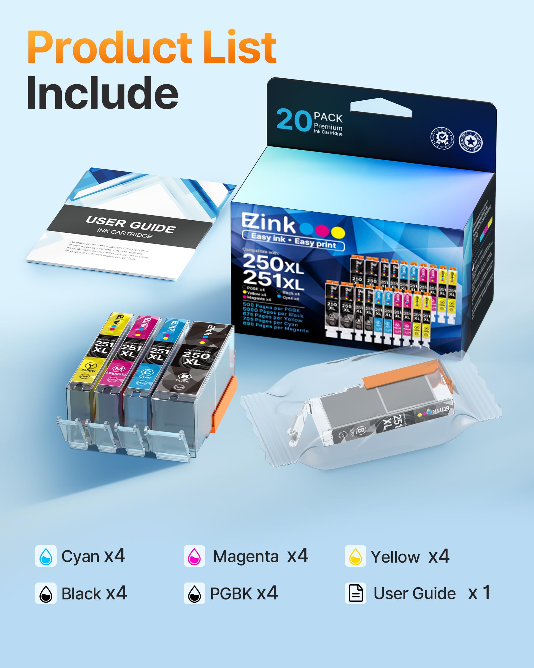 E-Z Ink Compatible Ink Cartridges Replacement for Canon 250 251 XL PGI-250XL CLI-251XL to use with Pixma MX922 MX920 MG5520 MG7520 IX6820 IP8720 MG6620 MG6320 MG7120 (20 Pack) - Image 7