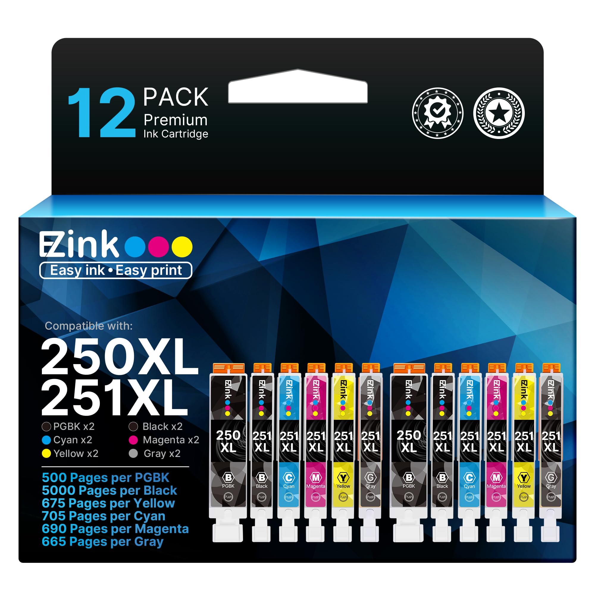 E-Z Ink Compatible Ink Cartridges Replacement for Canon 250 251 PGI-250XL CLI-251XL to use with Pixma MG6320 MG7120 MG7520 IP8720 (12 Pack, 2 PGBK, 2 Cyan, 2 Magenta, 2 Yellow, 2 Black, 2 Gray)