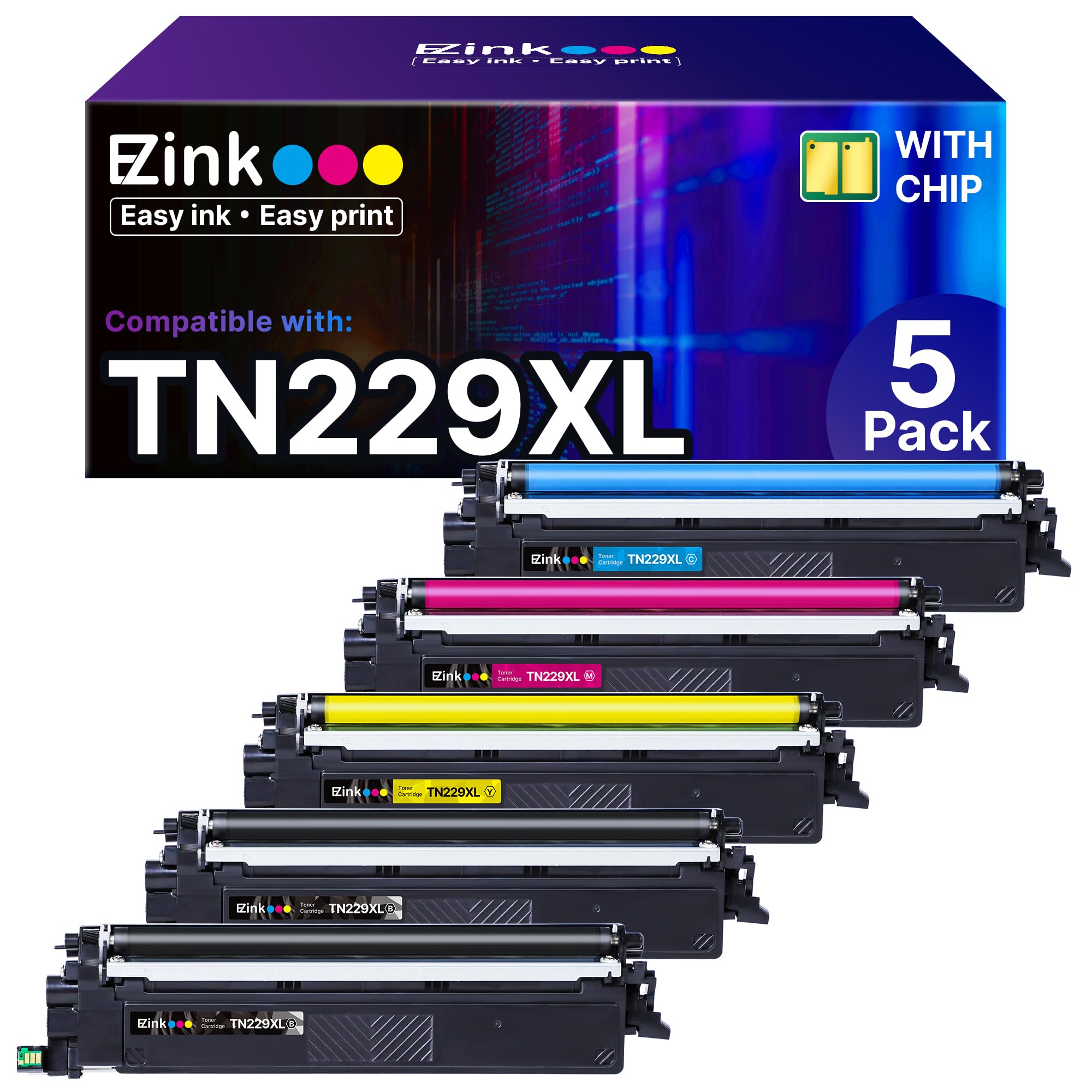E-Z Ink Compatible TN229XL Toner Cartridges Replacement for Brother TN229XL TN-229XL TN229 XL to use with MFC-L3720CDW MFC-L3780CDW HL-L3220CDW HL-L3280CDW HL-L3300CDW Printer (TN229XLBK/C/M/Y-5 Pack)