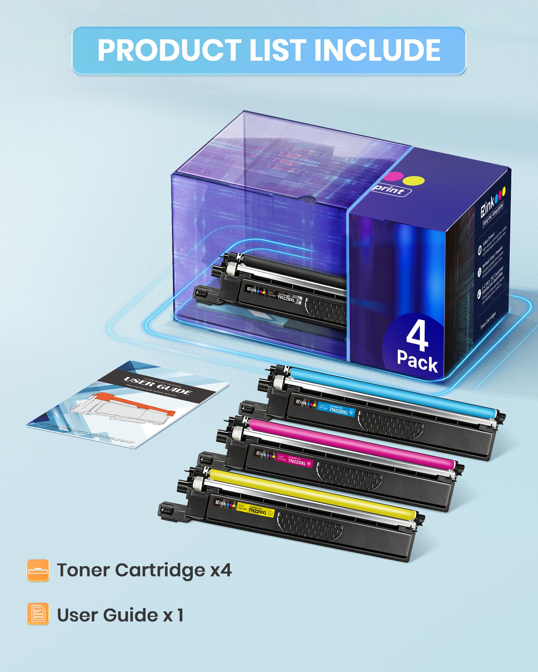 E-Z Ink Compatible TN229XL Toner Cartridges Replacement for Brother TN229XL TN-229XL TN229 XL to use with MFC-L3720CDW MFC-L3780CDW HL-L3220CDW HL-L3280CDW HL-L3300CDW Printer (TN229XLBK/C/M/Y-4 Pack) - Image 4