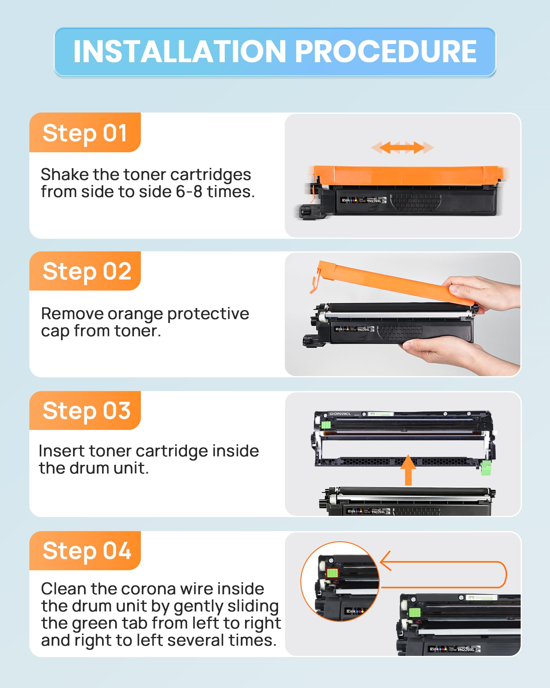 E-Z Ink Compatible TN229XL Toner Cartridges Replacement for Brother TN229XL TN-229XL TN229 XL to use with MFC-L3720CDW MFC-L3780CDW HL-L3220CDW HL-L3280CDW HL-L3300CDW Printer (TN229XLBK/C/M/Y-4 Pack) - Image 7