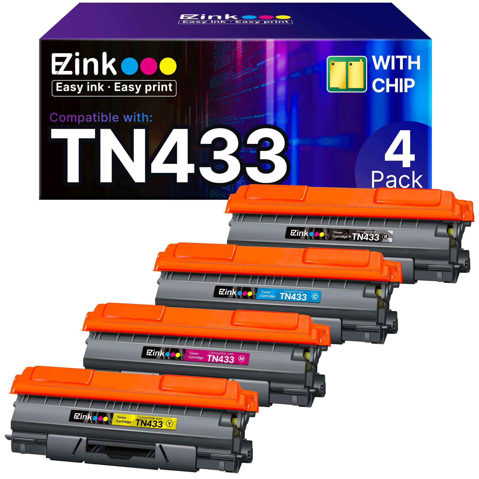 E-Z Ink Compatible TN433 Toner Cartridge Replacement for Brother TN433 TN-433 TN433bk TN431 to use with Brother MFC-L8900Cdw HL-L8360CDW HL-L8260CDW MFC-L8610CDW MFC-L8690CDW Printer (4 Pack)