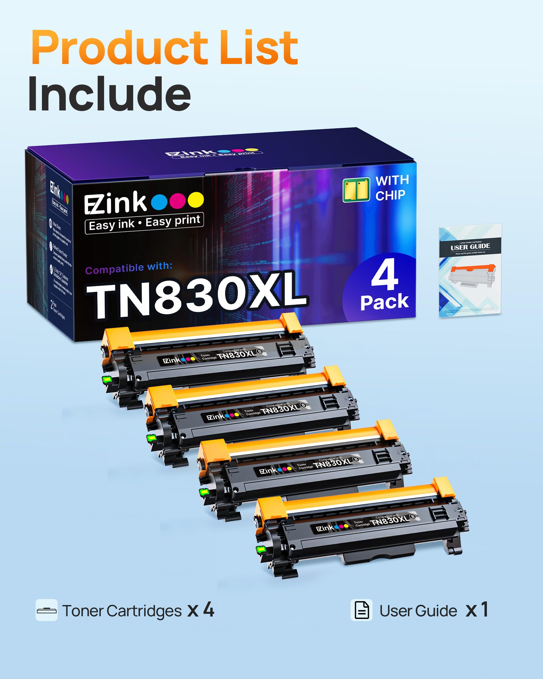 E-Z Ink Compatible TN830XL Toner Cartridge Replacement for Brother TN830XL TN830 TN 830 Toner Cartridges with Brother DCP-L2640DW HL-L2460DW HL-L2480DW HL-L2400D HL-L2405W Printer (4 x TN830XL Toner) - Image 5