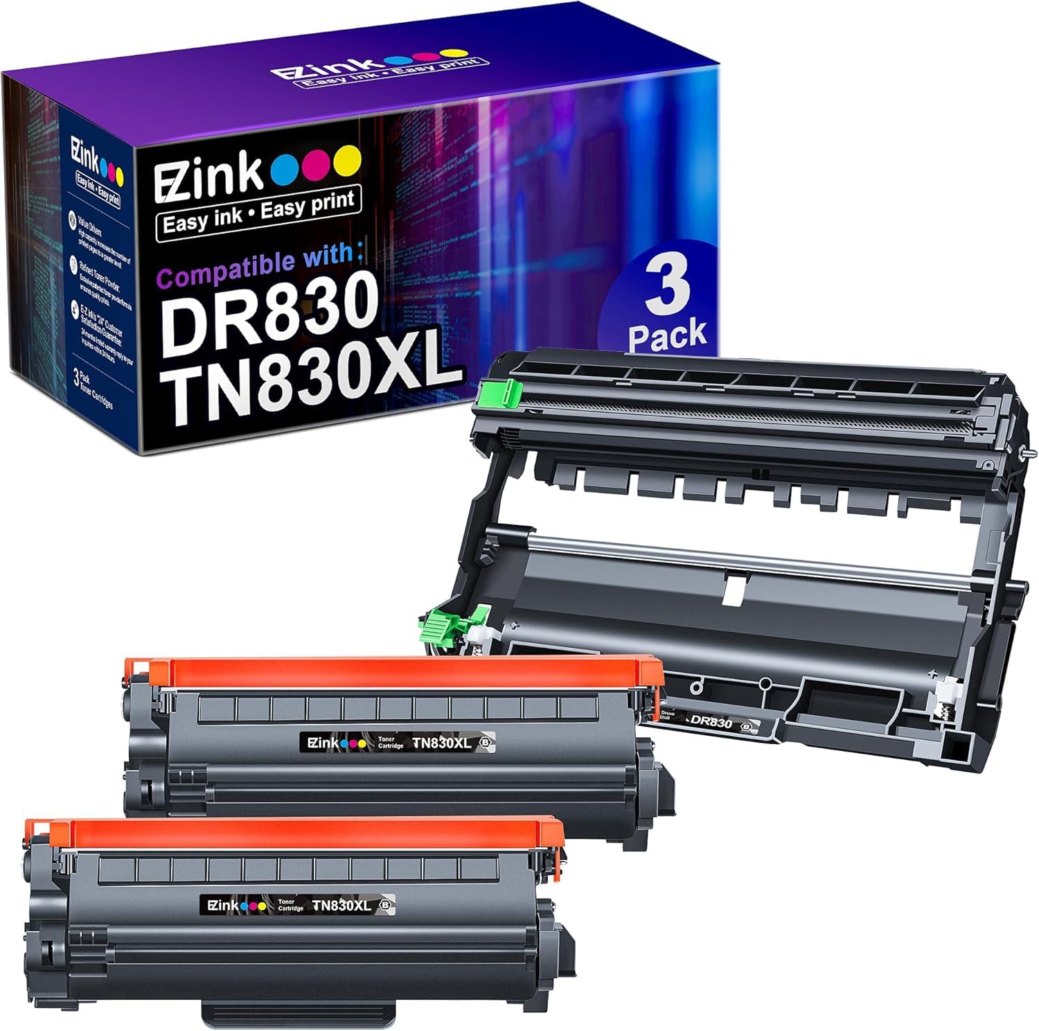 E-Z Ink Compatible TN830XL Toner Cartridges DR830 Drum Unit Replacement for Brother TN830 DR830 TN830xl Toner for Brother Printer HL-L2460DW DCP-L2640DW HL-L2405W HL-L2480DW MFC-l2820DW Printer(3Pack)