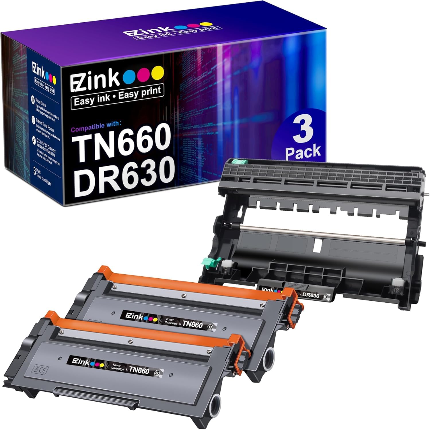 E-Z Ink Compatible Toner Cartridge & Drum Unit Replacement for Brother DR630 TN660 TN630 High Yield to use with HL-L2380DW HL-L2300D HL-L2340DW MFC-L2680W MFC-L2740DW Printer (2 Toner 1 Drum, 3 Pack)