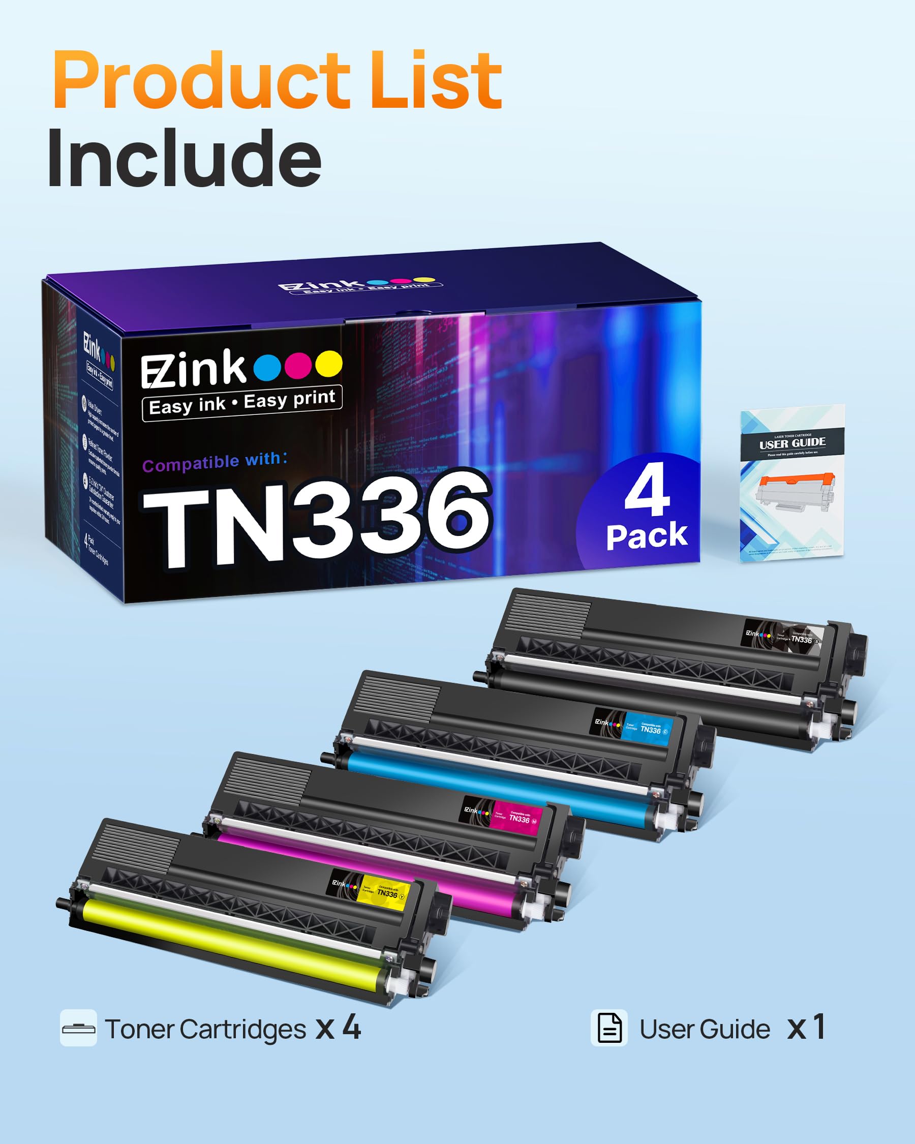 E-Z Ink Compatible Toner Cartridge Replacement for Brother TN336 Toner Cartridges TN331 TN-336 TN-331 TN315 to Use with MFC-L8850CDW HL-L8350CDW MFC-L8600CDW HL-4150CDN MFC-9970CDW (BCMY, 4 Pack) - Image 4