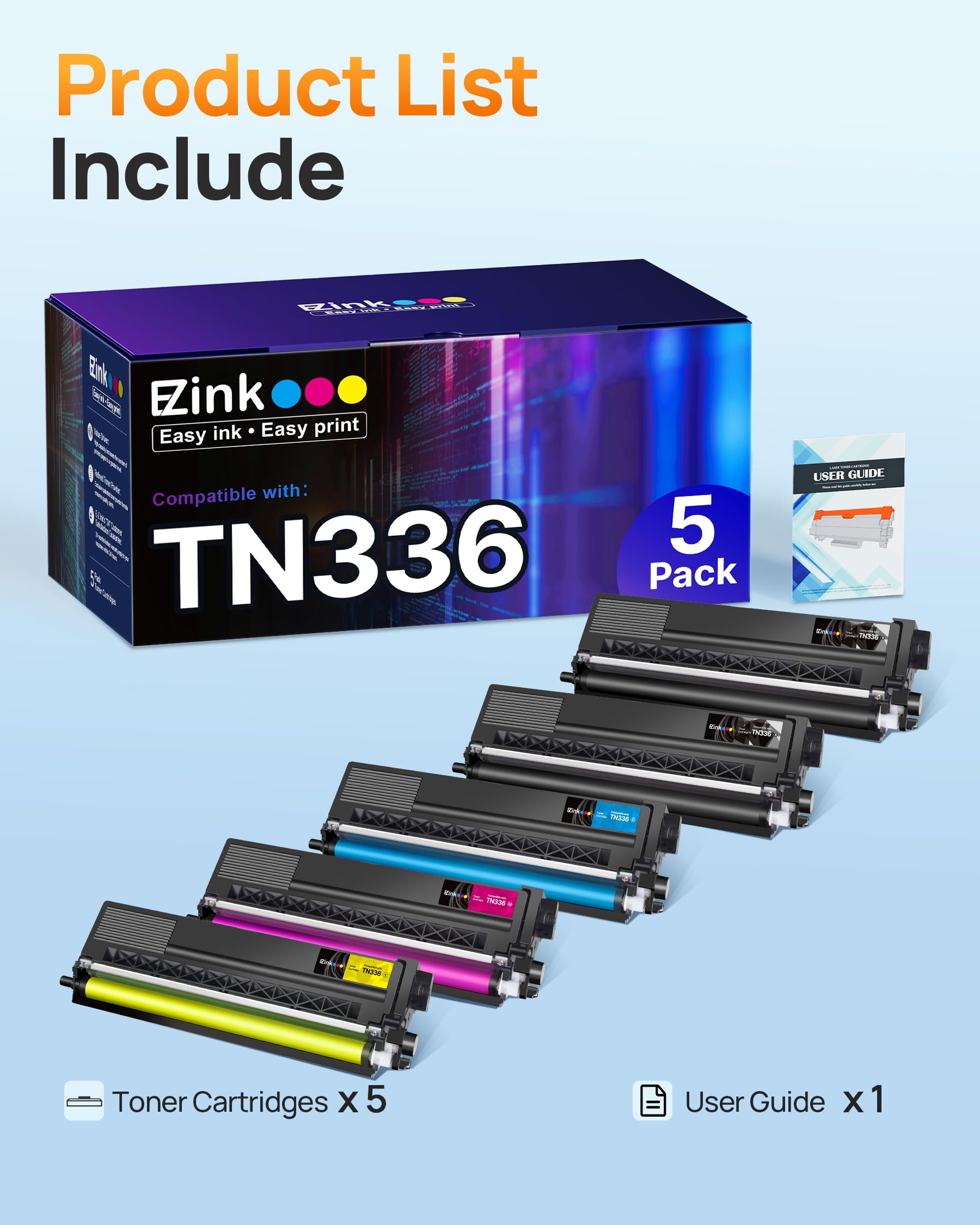 E-Z Ink Compatible Toner Cartridge Replacement for Brother TN336 TN-336 TN331 TN315 Compatible with MFC-L8850CDW MFC-L8600CDW HL-L8350CDW HL-4150CDN MFC-9970CDW (2BK 1C 1M 1Y, 5 Pack) - Image 4