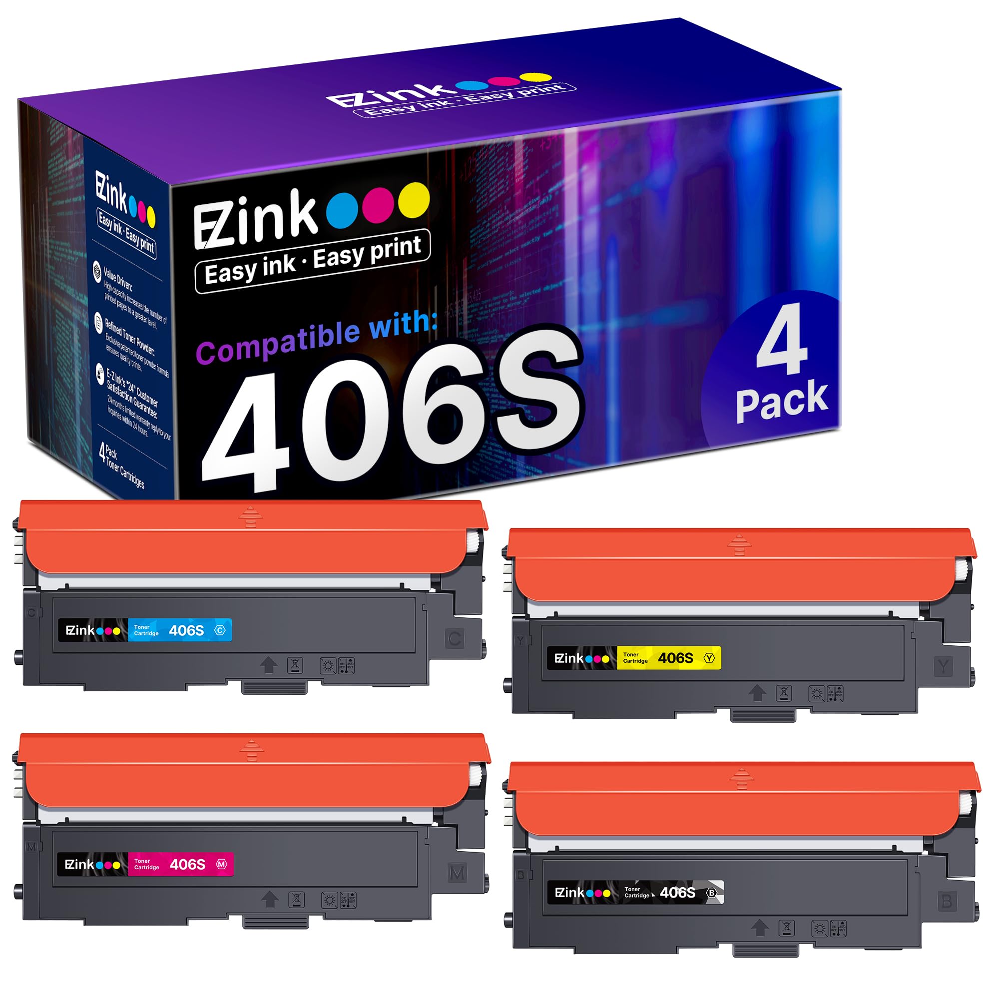 E-Z Ink Compatible Toner Cartridge Replacement for Samsung 406 406S CLT-K406S CLT-C406S CLT-M406S CLT-Y406S to use with Xpress C460W C410W Printer(1 Black, 1 Cyan, 1 Magenta, 1 Yellow, 4 Pack)