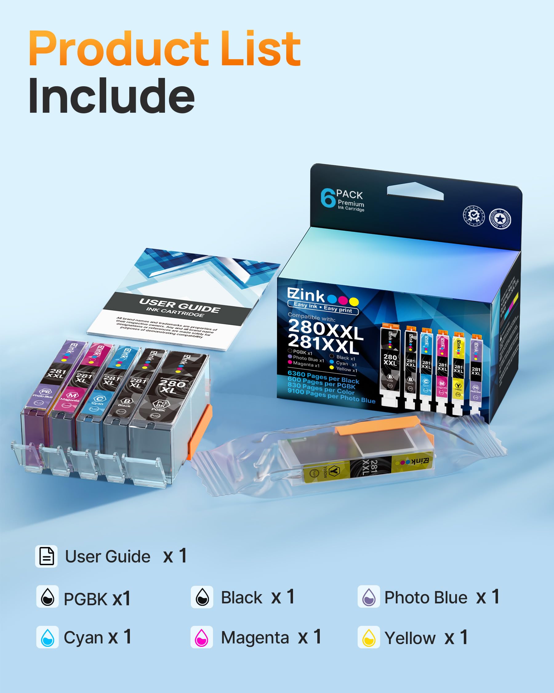 E-Z Ink Compatible TS9120 Ink Cartridge Replacement for Canon PGI-280XXL CLI-281XXL PGI 280XXL CLI 281XXL to use with PIXMA TS8320 TS8220 TS8120 (PGBK, Black, Photo Blue, Cyan, Magenta, Yellow) 6 Pack - Image 4