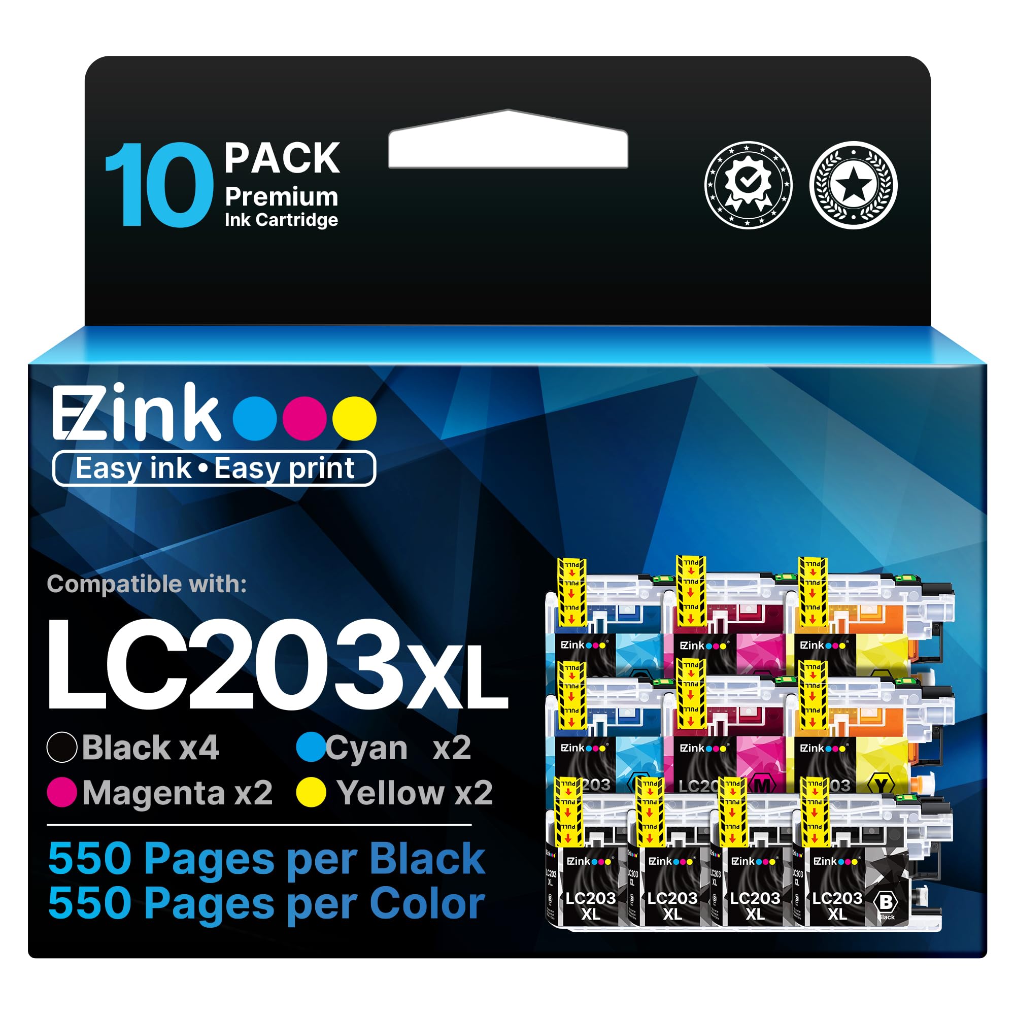 E-Z Ink LC203XL Compatible Ink Cartridges Replacement for Brother LC203 XL LC201 to use with MFC-J480DW MFC-J880DW MFC-J4420DW MFC-J680DW MFC-J885DW (Black, Cyan, Magenta, Yellow, 10 Pack)