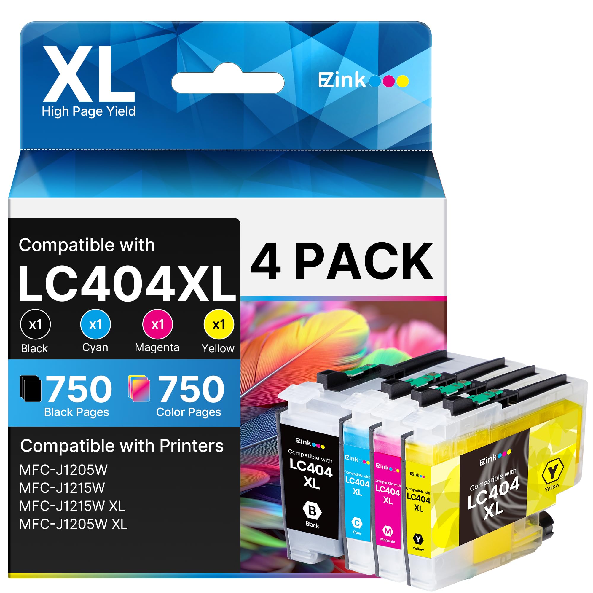 E-Z Ink LC404 MFC-J1205W Replacement for LC404 Ink Cartridges for Brother Printer 404XL LC 404 XL use for MFC-J1205W MFC-J1215W J1205WXL J1215W XL Printer (Black, Cyan, Magenta, Yellow, 4 Pack)