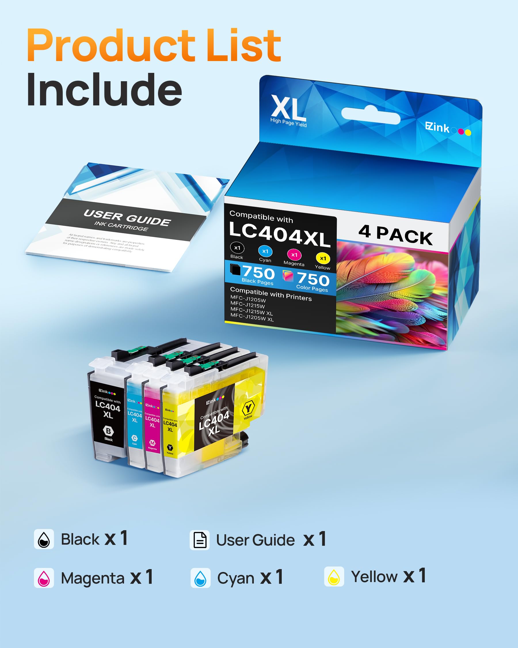E-Z Ink LC404 MFC-J1205W Replacement for LC404 Ink Cartridges for Brother Printer 404XL LC 404 XL use for MFC-J1205W MFC-J1215W J1205WXL J1215W XL Printer (Black, Cyan, Magenta, Yellow, 4 Pack) - Image 4
