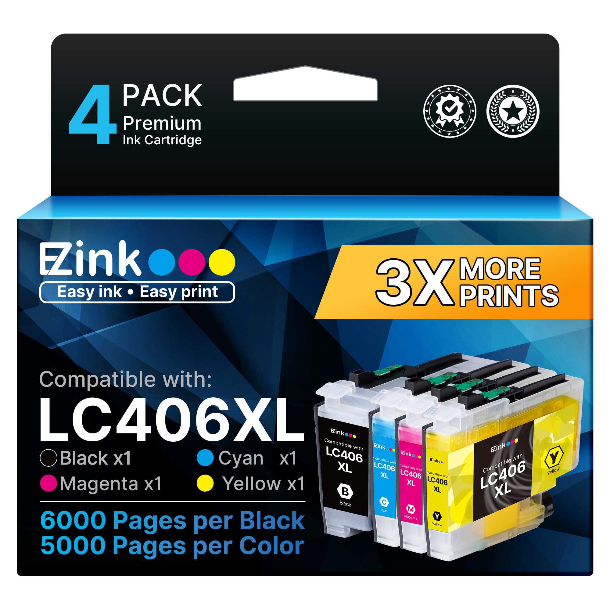 E-Z Ink LC406XL LC406 Ink Cartridges for Brother Printer Replacement for LC406 XL LC406XL for Brother MFC-J4335DW MFC-J5855DW MFC-J6555DW MFC-J4535DW MFC-J6955DW MFC-J4345DWXL MFC-J5955DW (4 Pack)